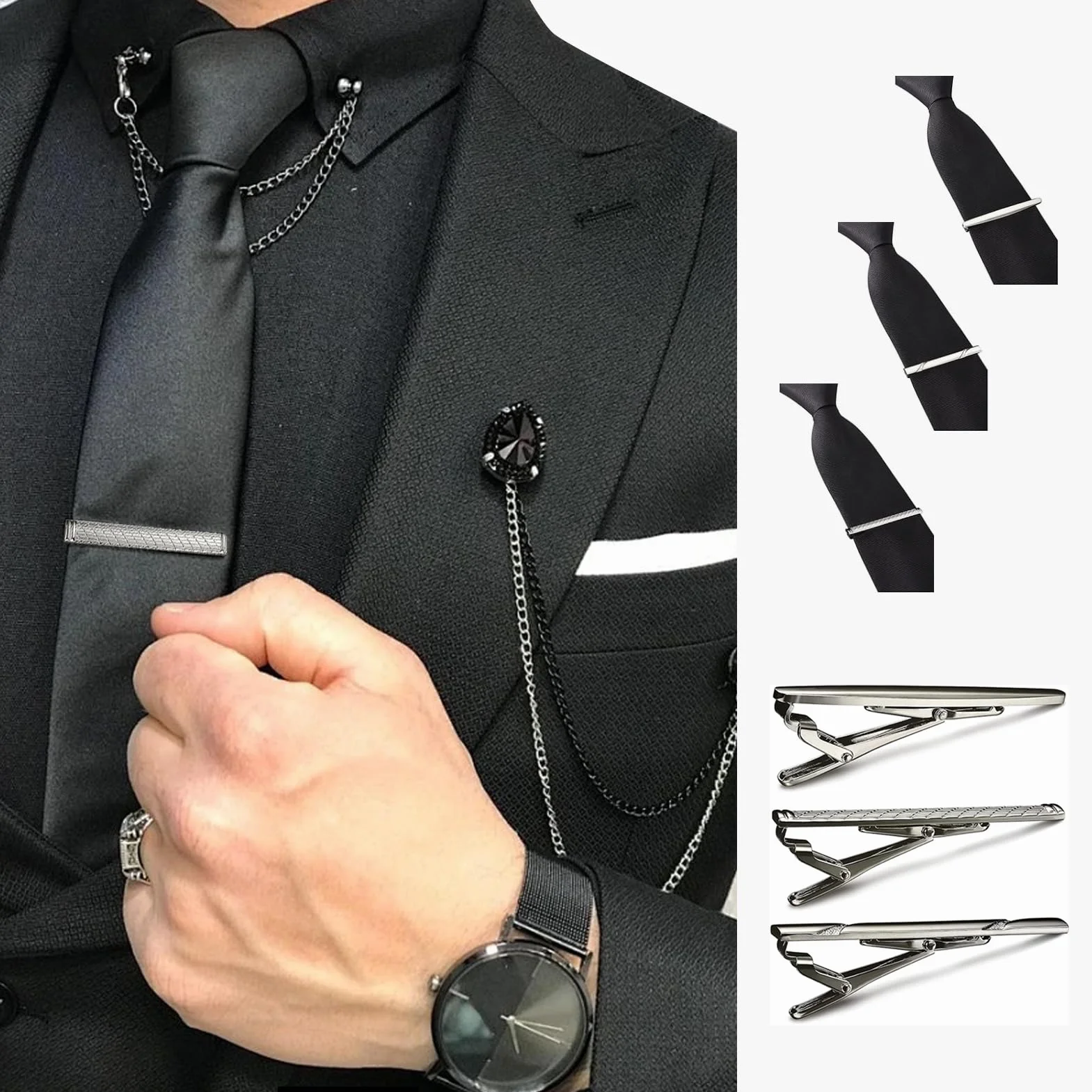Zestaw 3 spinek do krawata dla mężczyzn – eleganckie spinki do krawata na różne okazje, NO, Skóra
