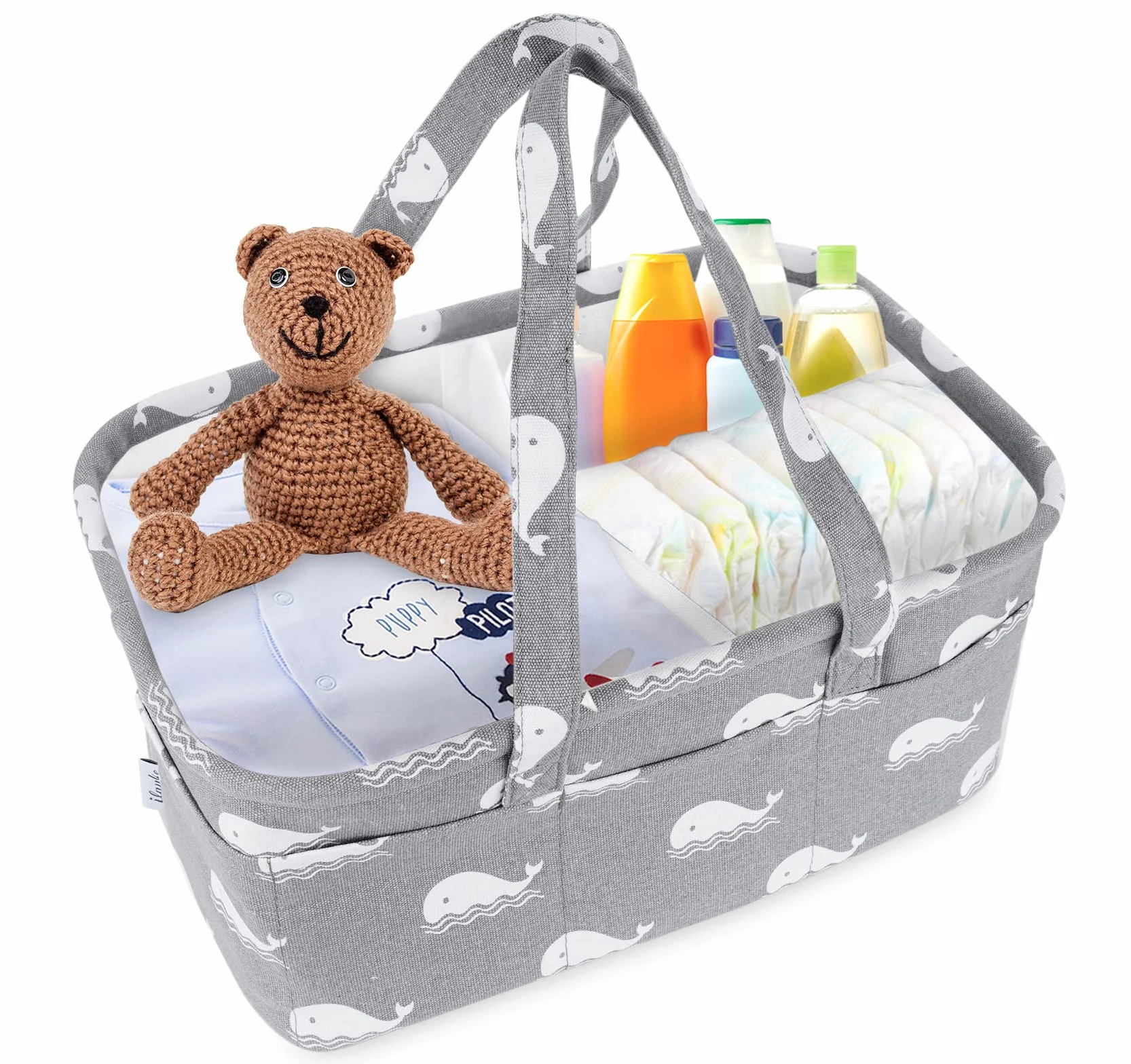ilauke Caddy wielofunkcyjny organizer na pieluchy dla niemowląt, przenośny, ze zdejmowaną przegródką, 10 niewidocznych kieszeni do samochodu, sypialni, na podróż i stół do przewijania (wieloryb)