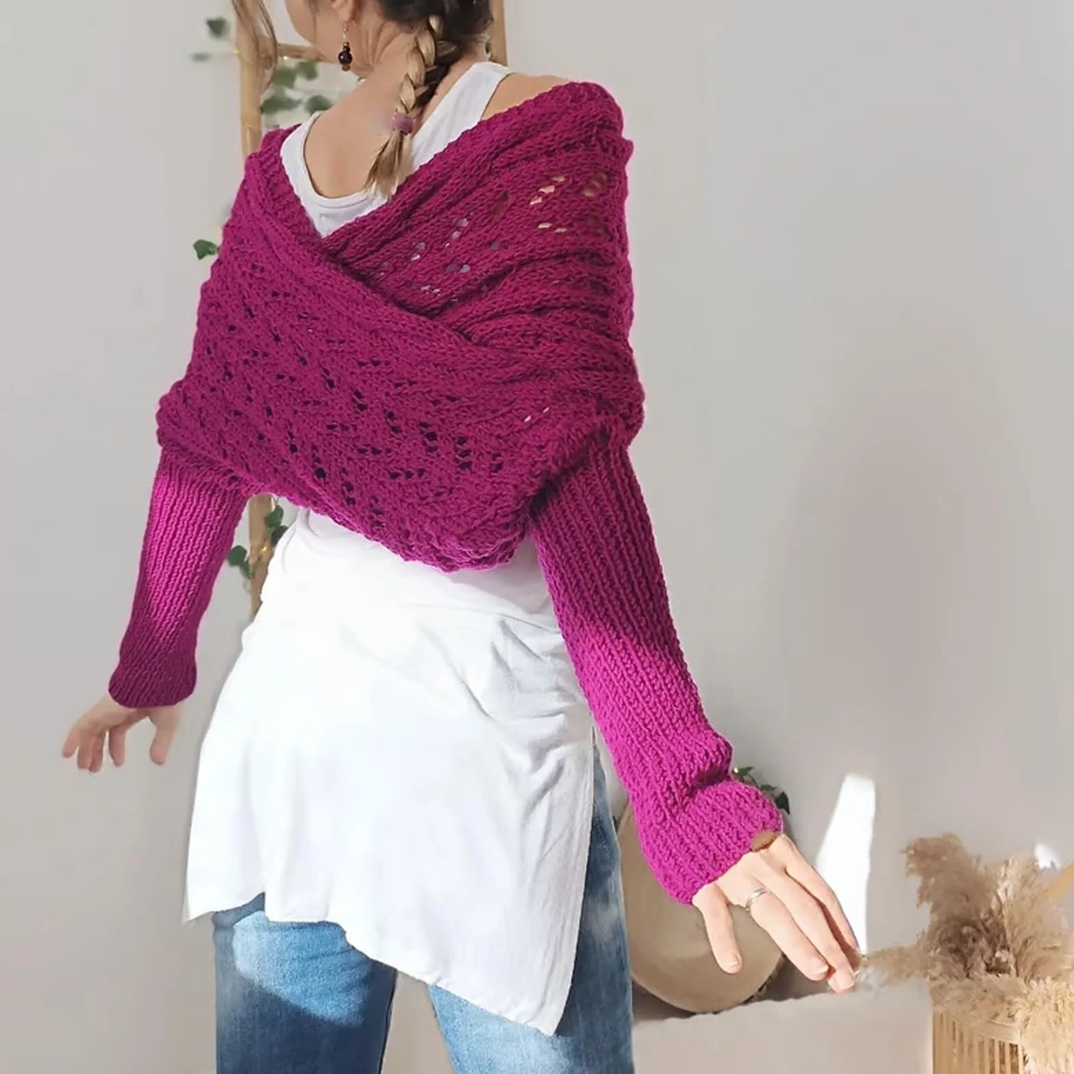 Dzianinowy otulacz kablowy, bolerka damskie, otulacz dzianinowy, szalik sweterkowy z rękawami(Gray)