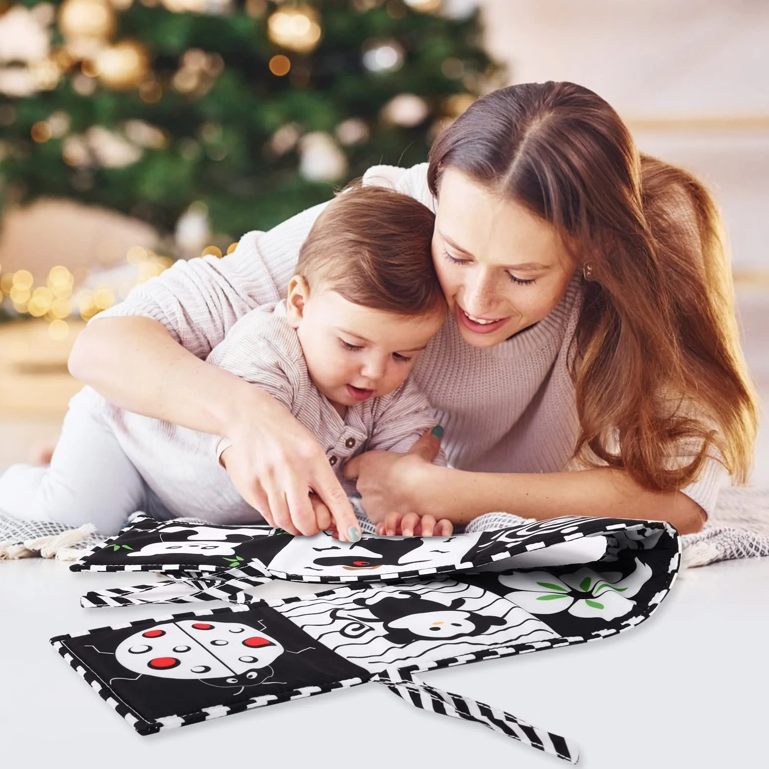 Vicloon Dwustronna książka z tkaniny, czarno-biała książka z tkaniny dla niemowląt, wielokrotnego użytku, na 6-12 miesięcy i małych dzieci, wspomaga rozwój mózgu dziecka (czarny-A)