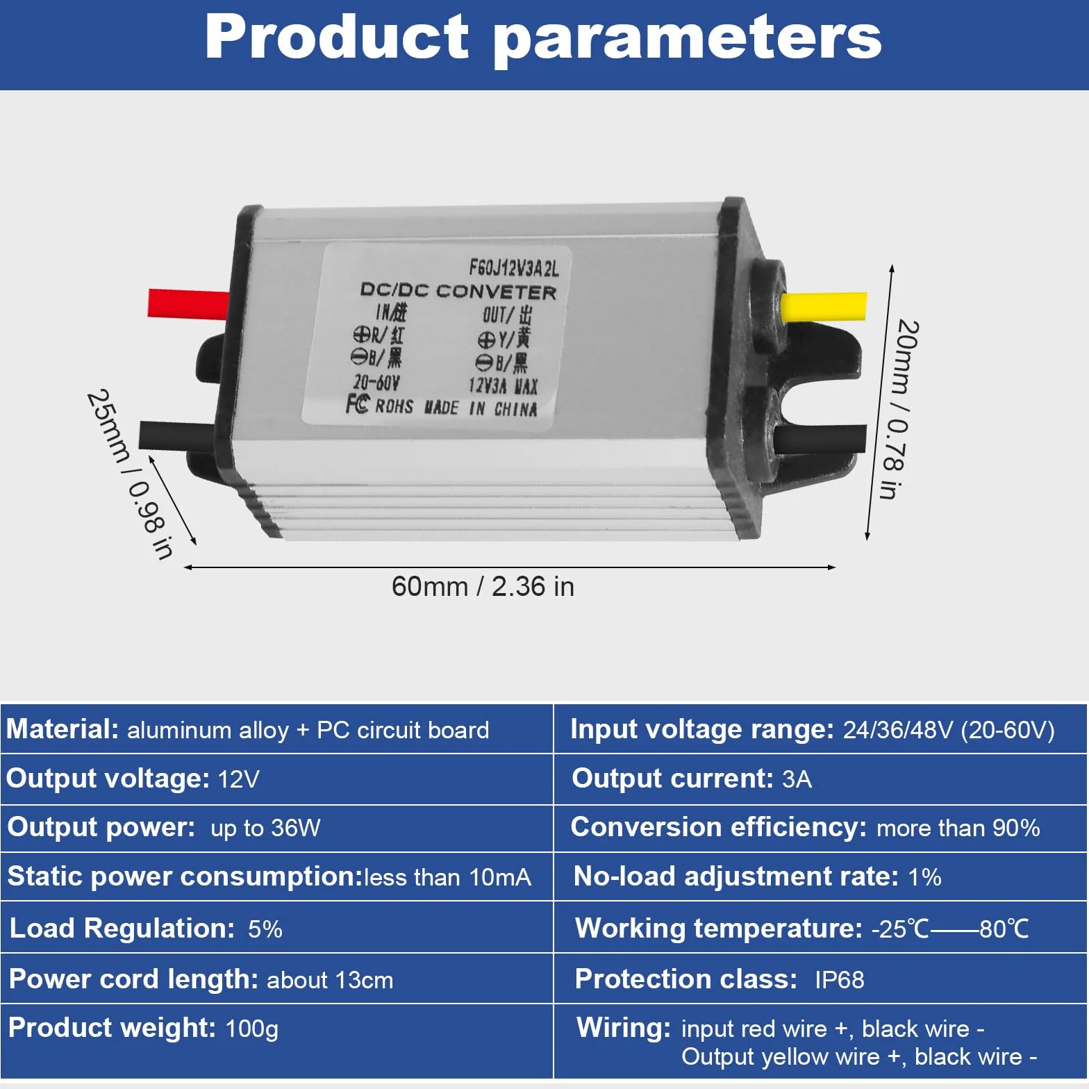 Jadeshay Regulator napięcia 12V, konwerter DC-DC 24/36/48V do 12V 3A, IP68, Szary
