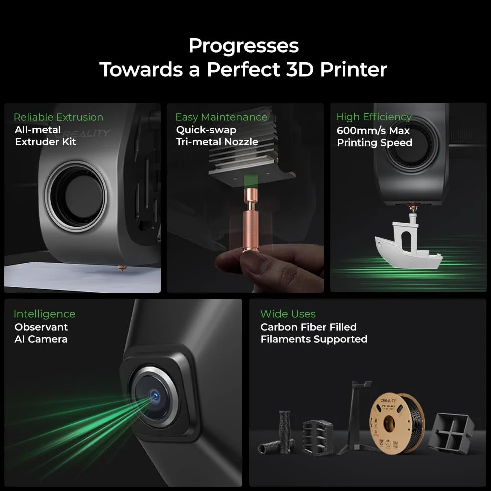 Creality Drukarka 3D K1C z kamerą AI, prędkość drukowania 600 mm/s, automatyczne poziomowanie, potrójne chłodzenie, w pełni metalowy zestaw wytłaczarki, wypełniony włóknem węglowym