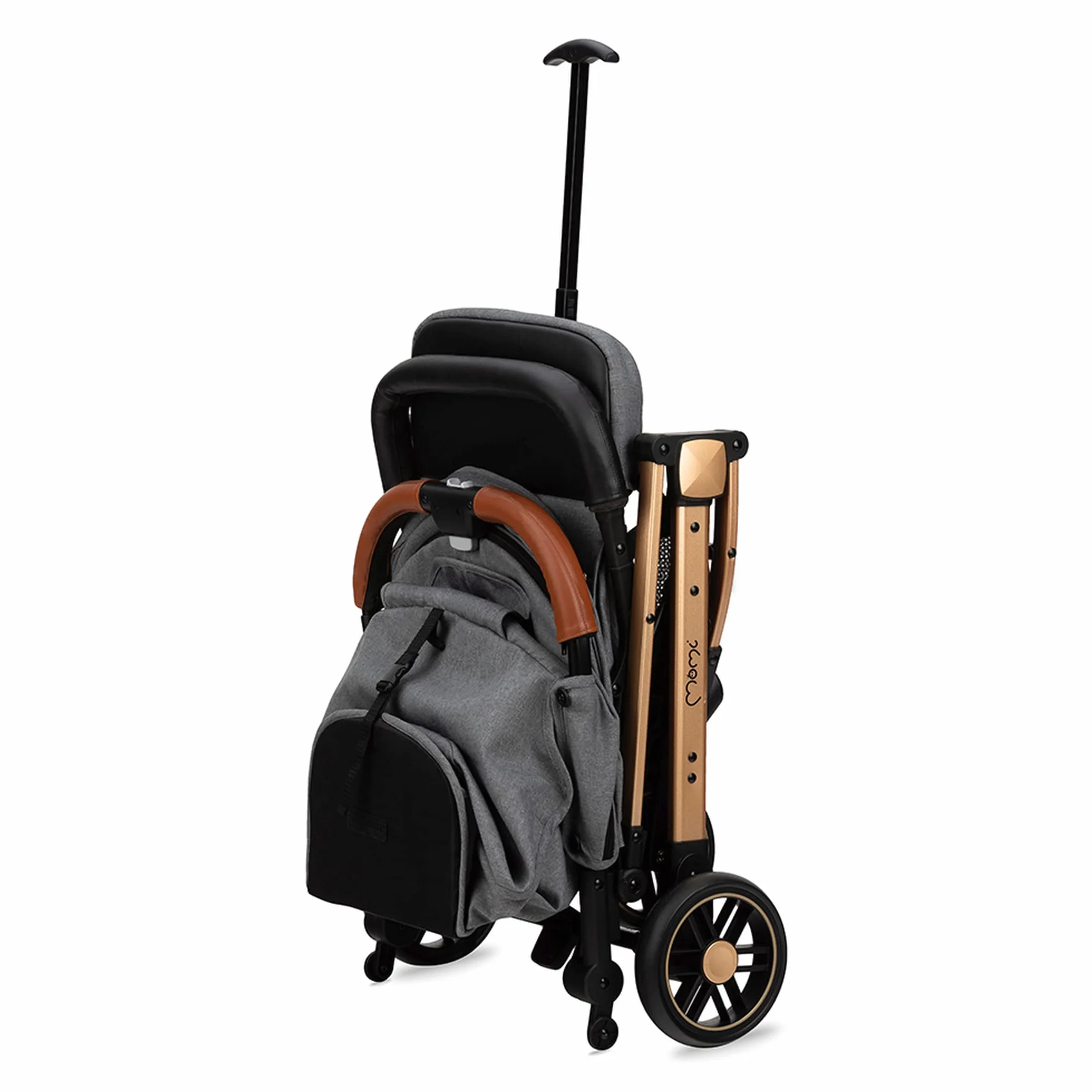 MOMI ESTELLE wózek dziecięcy dla dzieci od 6 miesięcy, do maks. wagi ciała 15 kg, składany do wymiarów 65 x 51 x 21 cm, waga 7,5 kg, 5-punktowy pas bezpieczeństwa, walizka, szaro-złoty