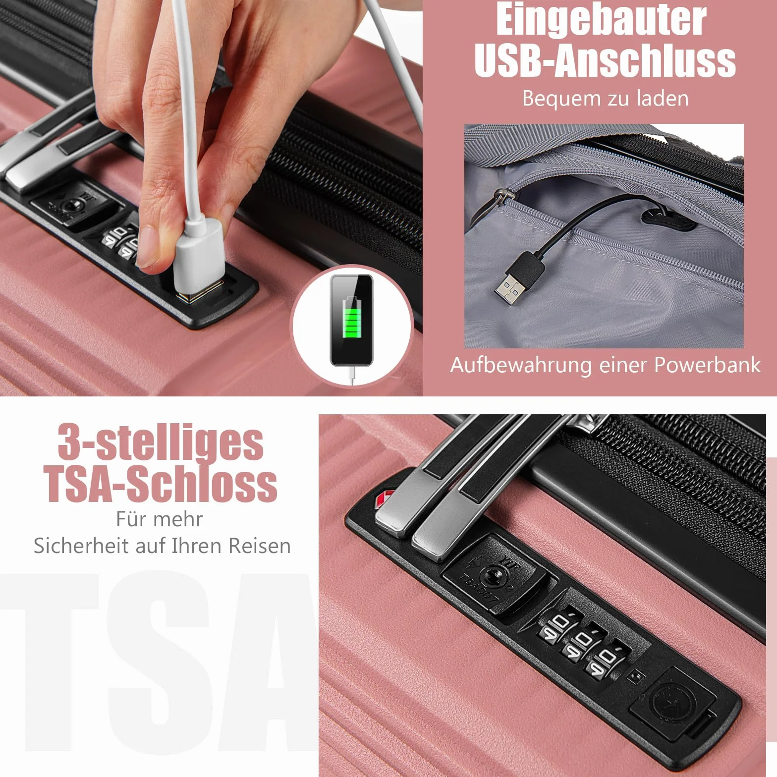 COSTWAY Zestaw bagażu 2-częściowy walizka podręczna 14" z zamkiem TSA port USB różowy 14" + 20"