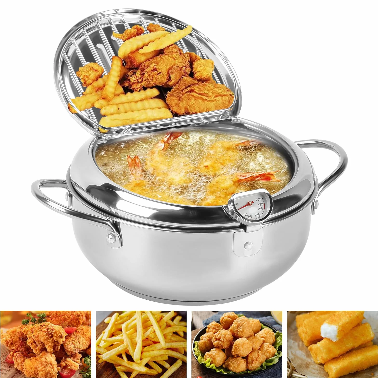 Frytkownica, garnek do smażenia w stylu japońskim, japońska frytkownica tempura, z termometrem i pokrywką, japoński garnek do smażenia ze stali nierdzewnej, do frytek, skrzydeł kurczaka i krewetek (20