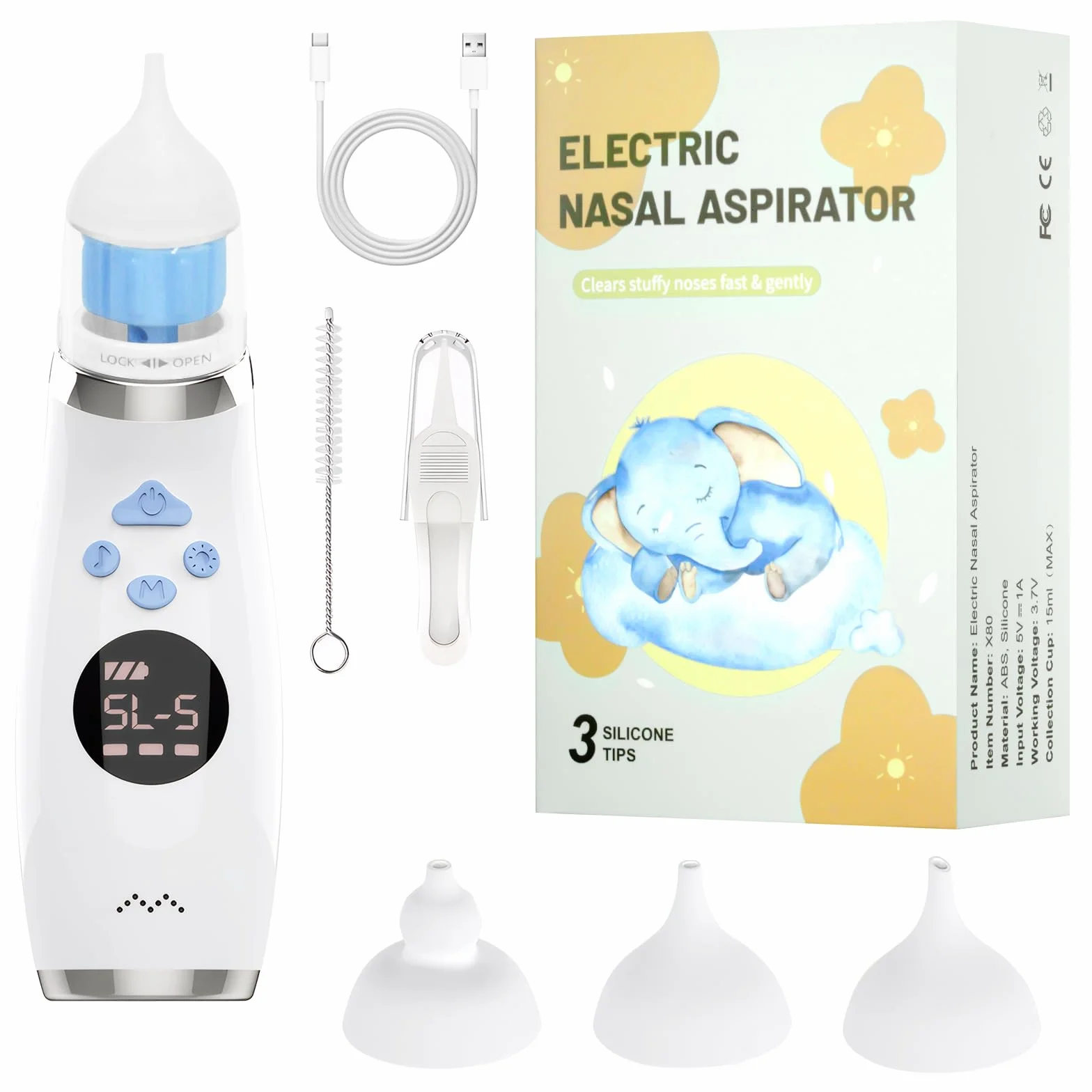 Elektryczny aspirator do nosa dla niemowląt, z 5-stopniową siłą ssania i 3 wymiennymi końcówkami silikonowymi, zintegrowana muzyka, uspokajające światło i wyświetlacz LCD