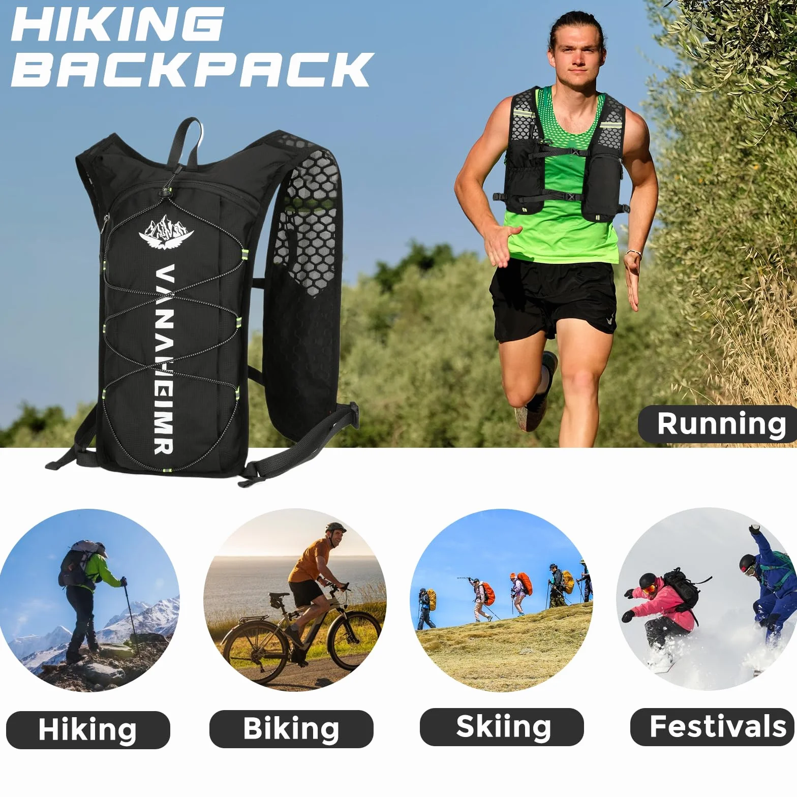 Plecak do biegania szlakowego, lekki i wodoodporny, z odblaskami, oddychający, kamizelka do biegania MTB, maraton, wspinaczka, jazda na rowerze, czarny
