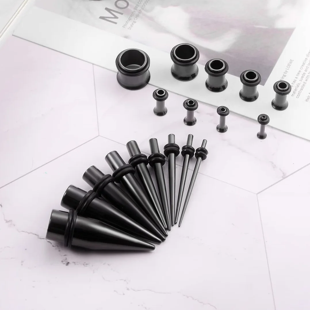 Huacan 36 szt. zestaw do rozciągania uszu ze stali nierdzewnej czarny srebrny tęczowe rozciągacze do uszu stożek punkowy piercing, Stal nierdzewna, guma, stal