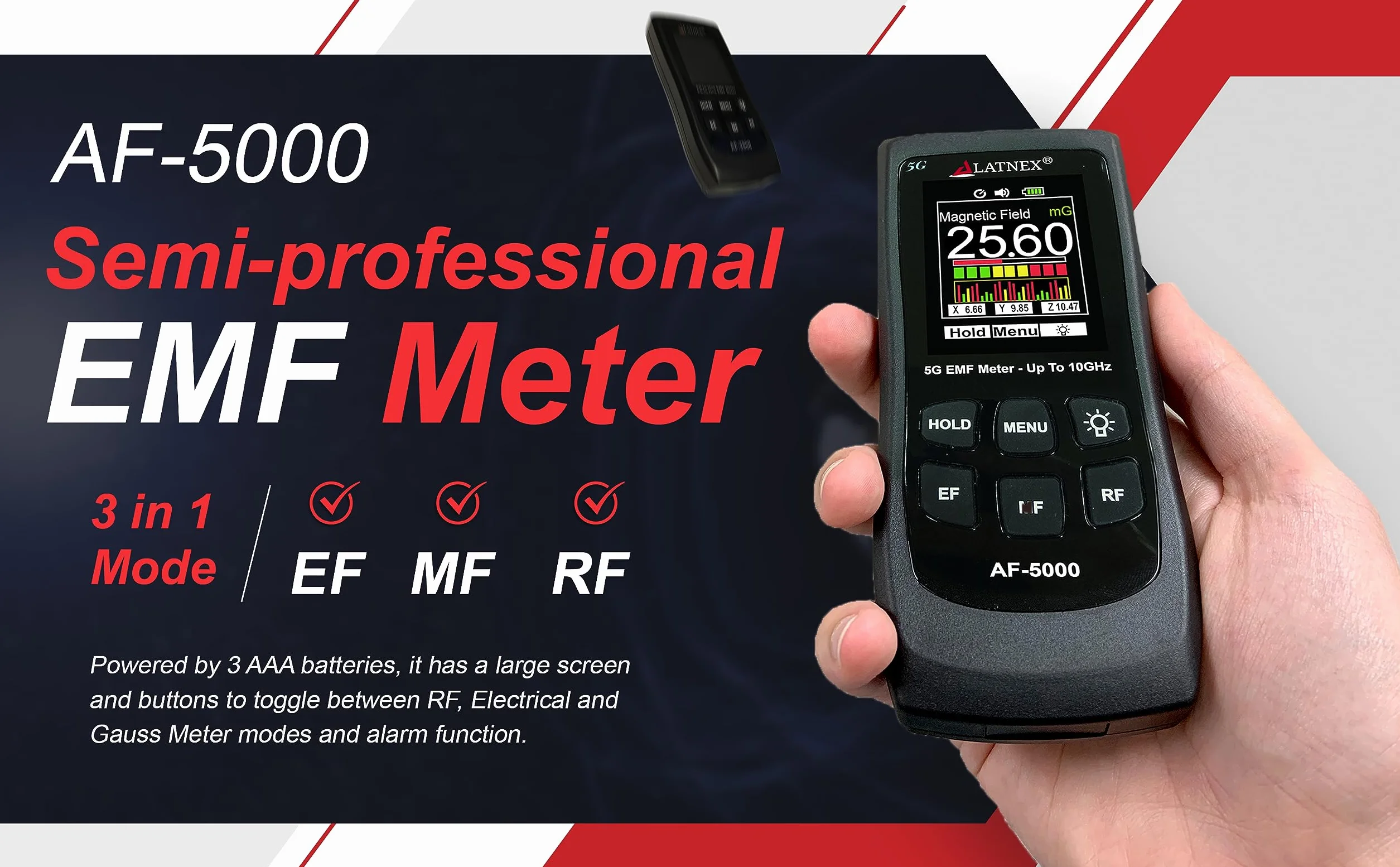 LATNEX AF-5000 - Trójosiowy tester EMF 5G RF, mikrofalówka i pola elektryczne ELF z certyfikatem kalibracji