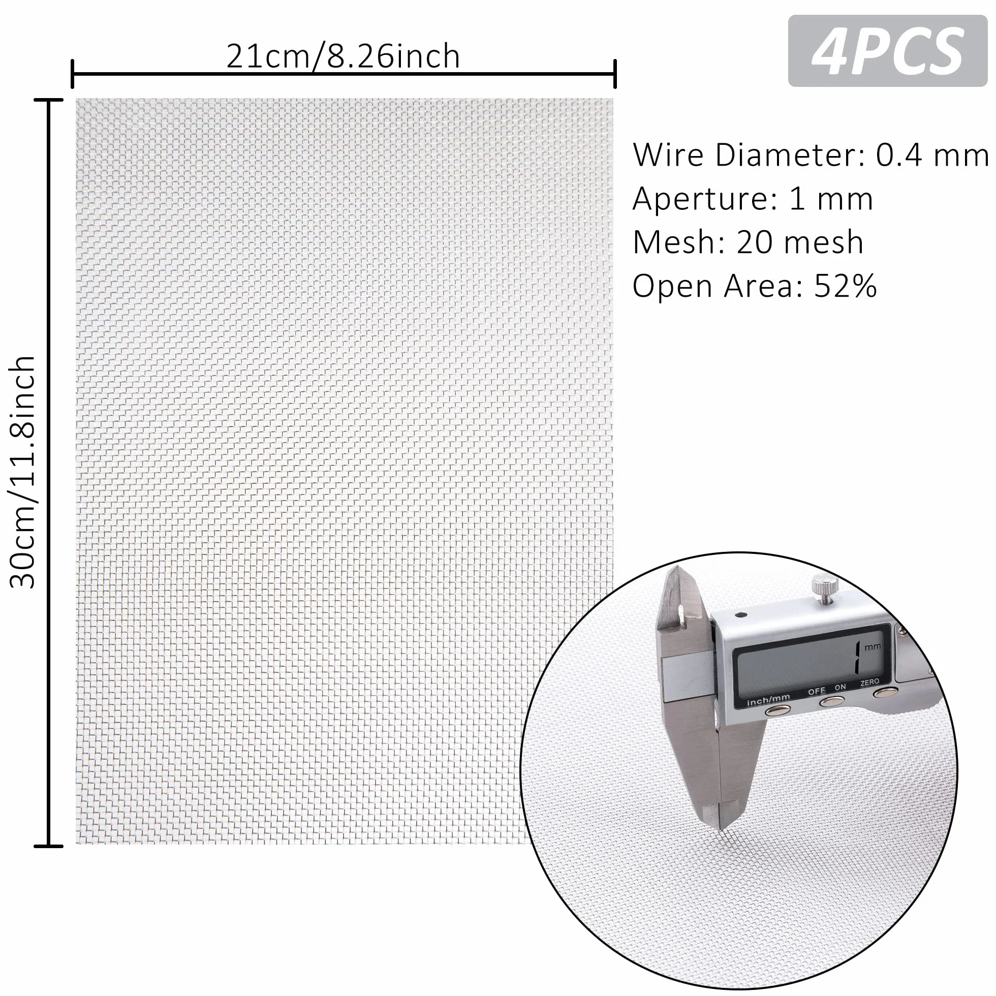 4 sztuki Metalowa siatka antygryzoń kratka metalowa kratka antyowadowa ze stali nierdzewnej 20 oczek 300 x 210 mm do filtracji wentylacyjnych
