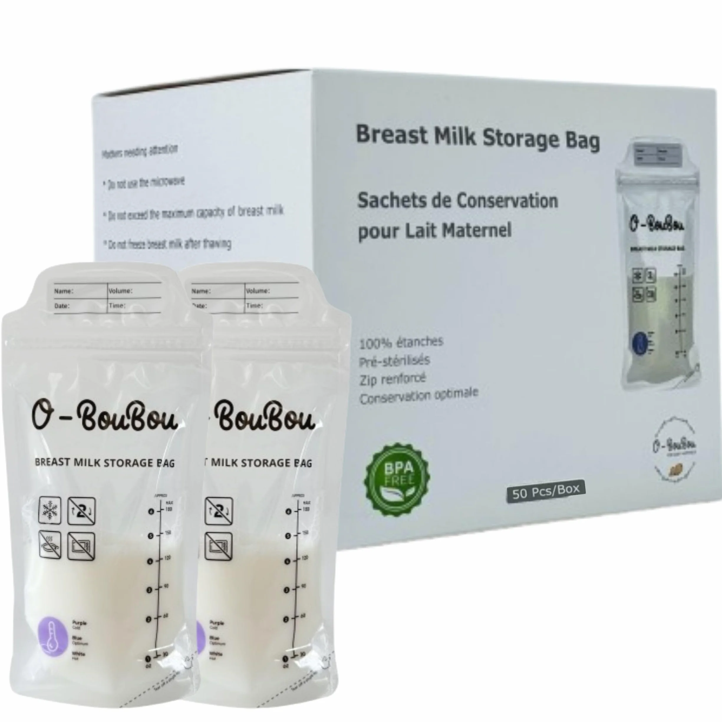 Zestaw 50 torebek do przechowywania mleka matki bez BPA, worki do przechowywania mleka matki, wstępnie sterylizowane, podwójnie uszczelnione, do zamrażania, 180 ml