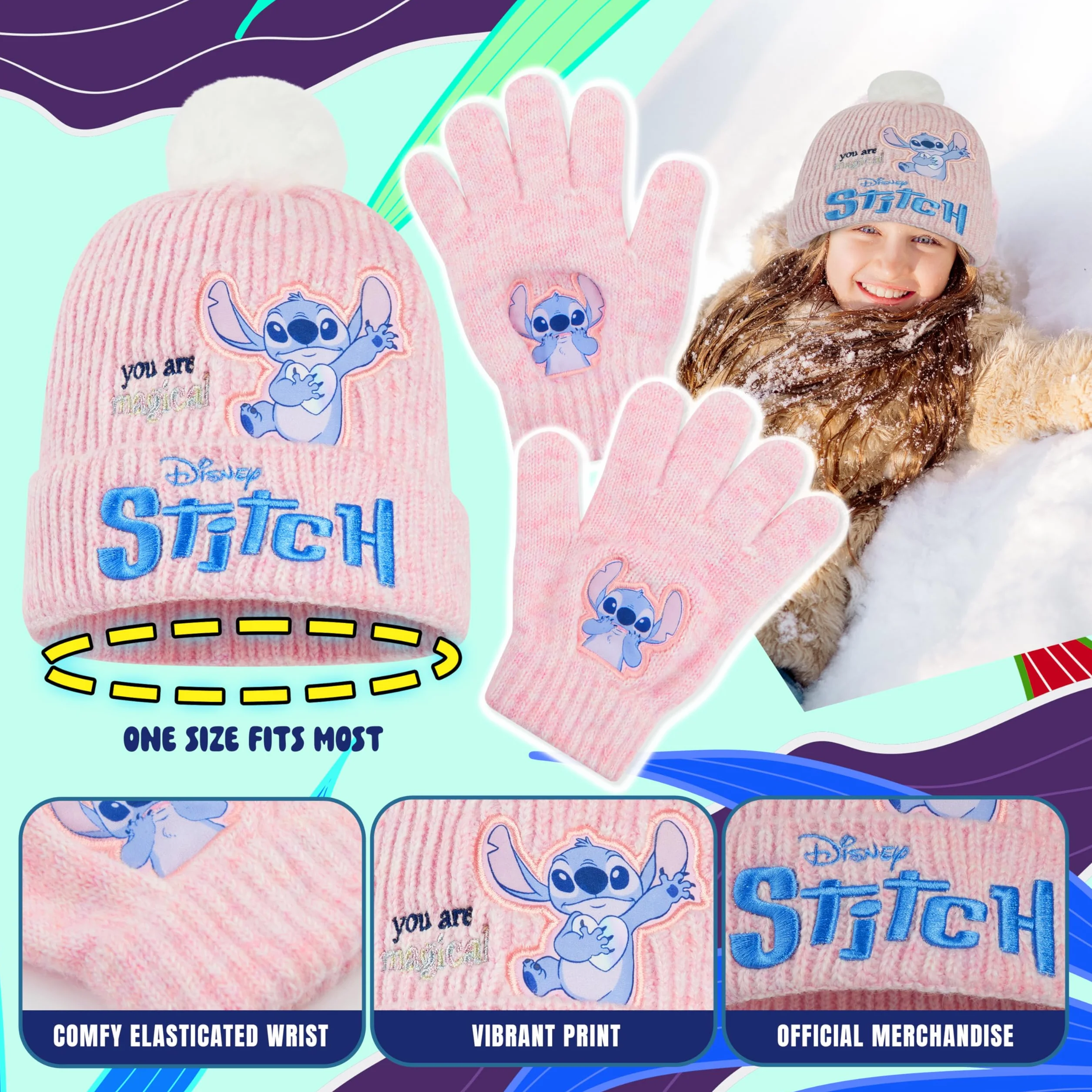 Disney Stitch zestaw czapek i rękawiczek dla dziewczynek, zestaw akcesoriów zimowych do szkoły lub podróży 2 sztuki prezent dla dzieci i młodzieży (6-14 lat, różowy ścieg)