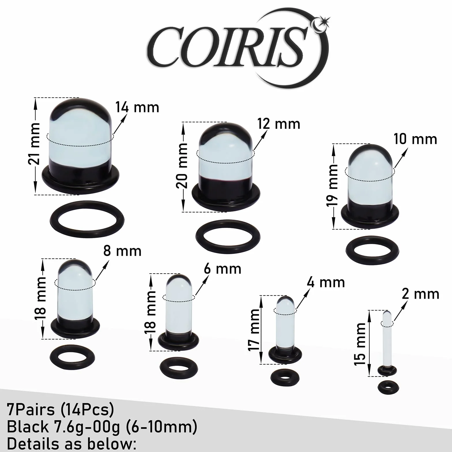 Coiris zestaw do rozciągania uszu 14 szt. szklanych mierników 2 mm – 14 mm krótki stożek ekspander