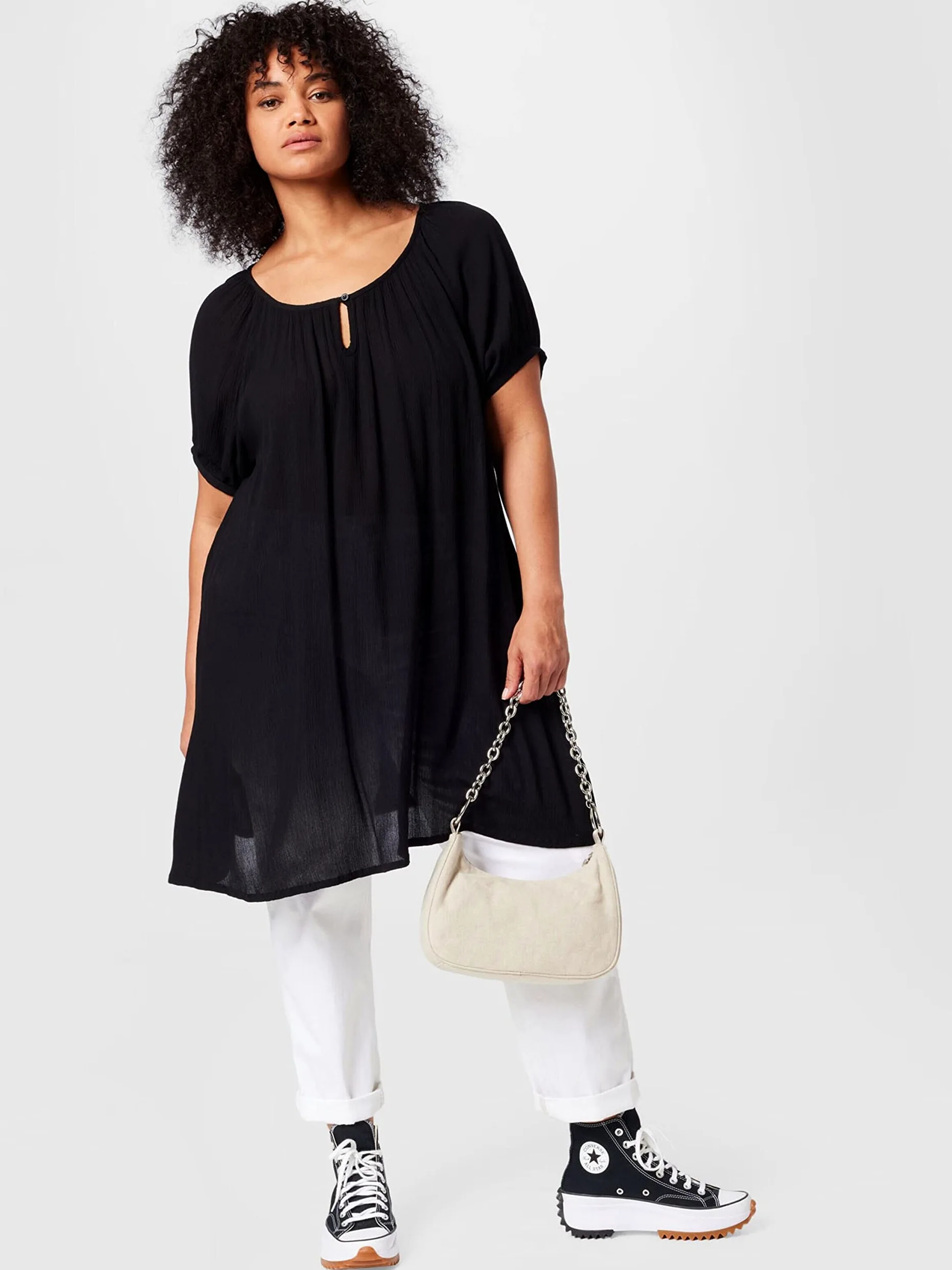 Kaffe Curve Plus Size damskie Tunic krótkie rękawy z okrągłym dekoltem zrelaksowany krój, Głęboka czerń, 50/du?y rozmiar