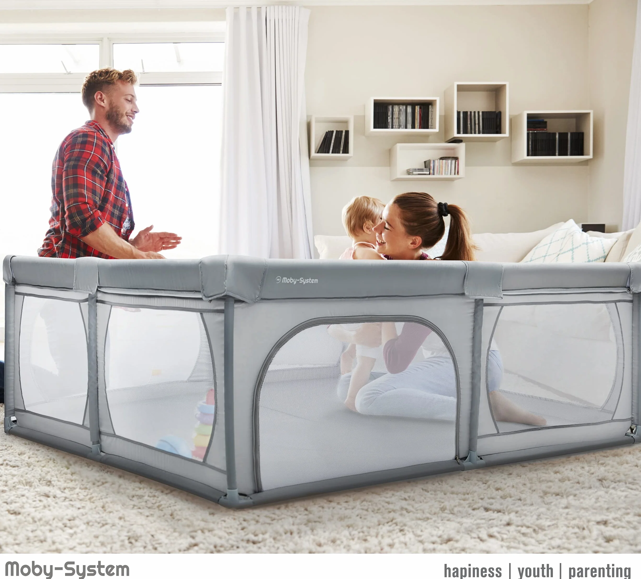 Moby-System Kojec dla Niemowląt, Centrum Aktywności dla Dzieci, z Antypoślizgową Podstawą, Stabilny, Ochrona, Wodoszczelny, Torba Transportowa, 200 x 160 cm, Szary