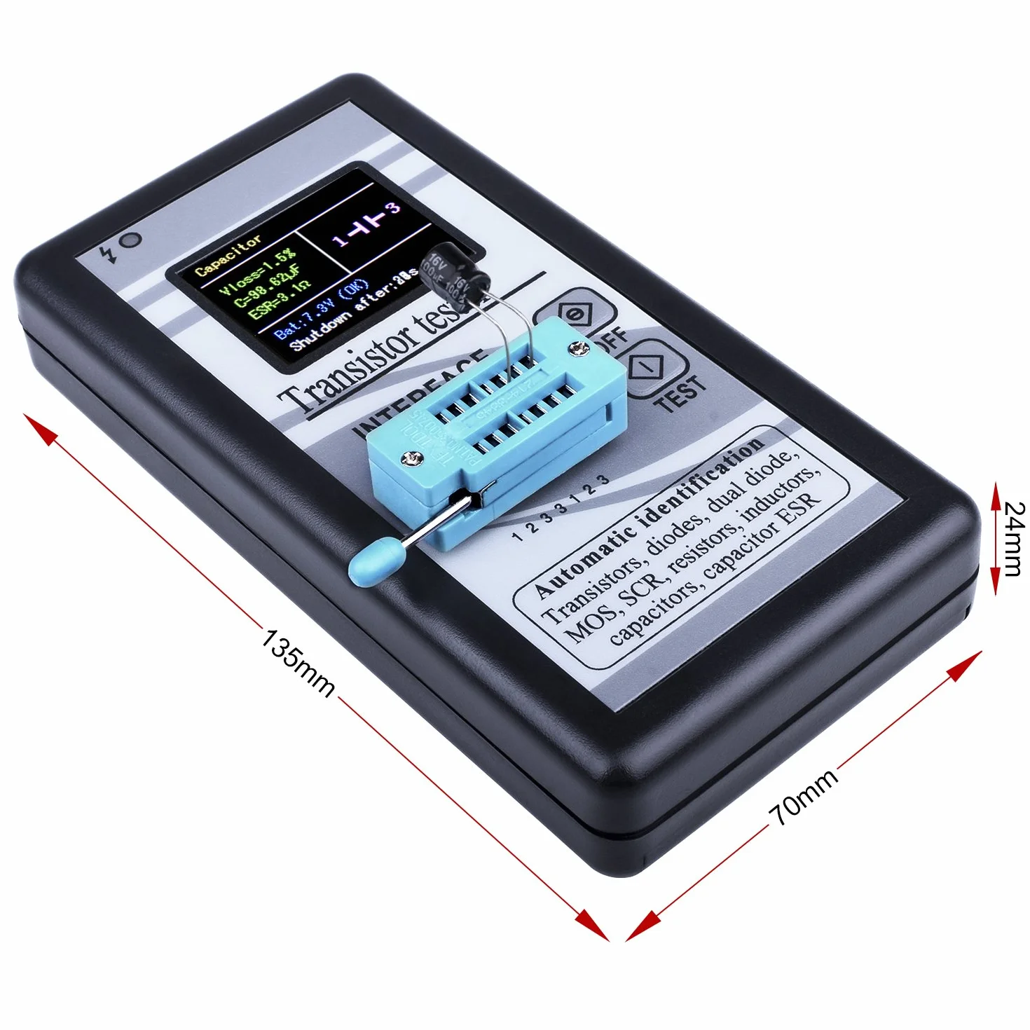 Kuman Wielofunkcyjny tester tranzystorowy z 1,8-calowym wyświetlaczem LCD TFT, tranzystor automatycznej identyfikacji Mega328 NPN/PNP, diody, podwójna dioda, SCR, rezystory, kondensatory MOSFET ESR