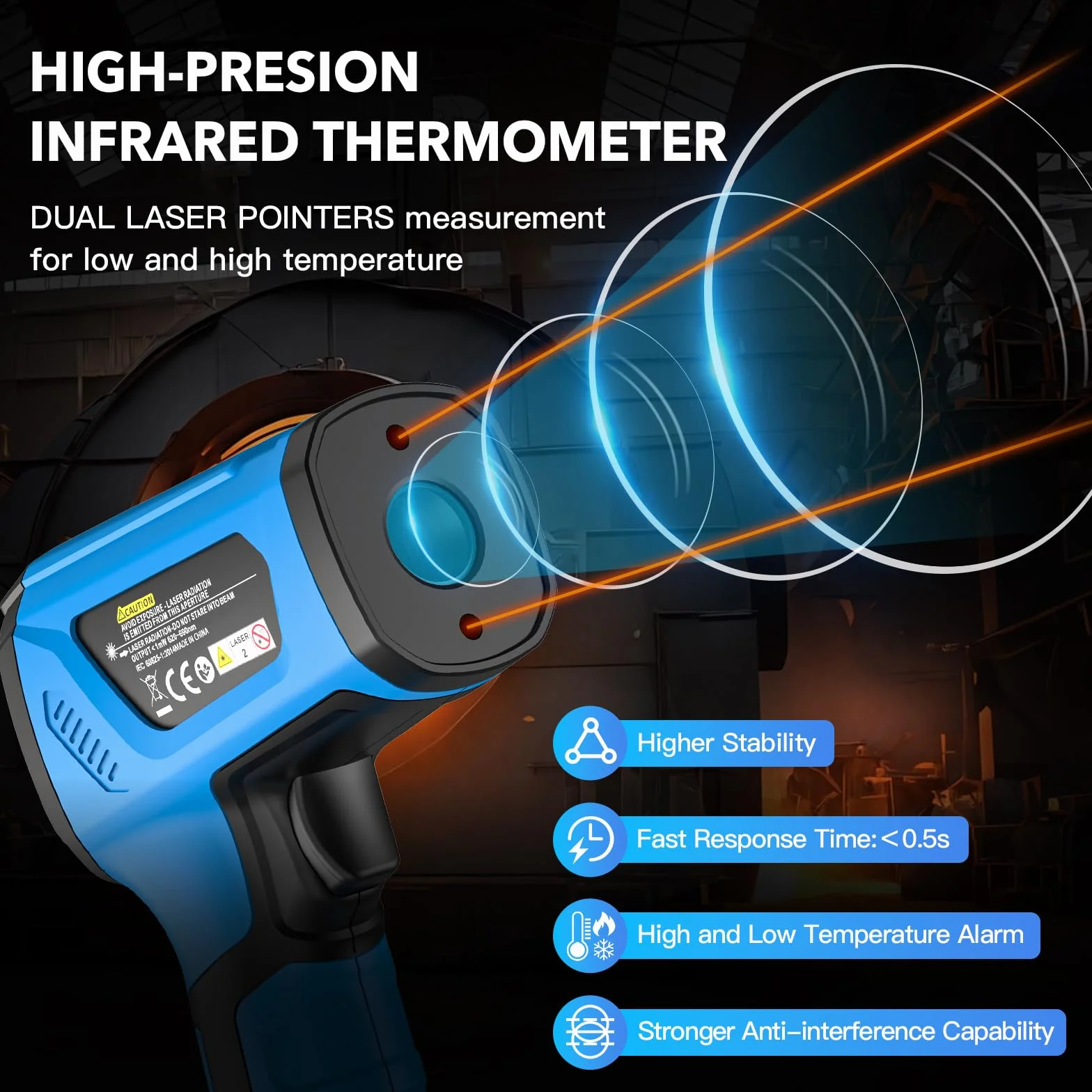 Termometru na Podczerwień Pirometr MESTEK 50:1 Pistolet Temperaturowy, -40℃ do 1600℃ Termometr Laserowy z Kolorowym LCD do Przemysłowego Wytopu Metali Kucia HVAC,Regulowana Emisyjność