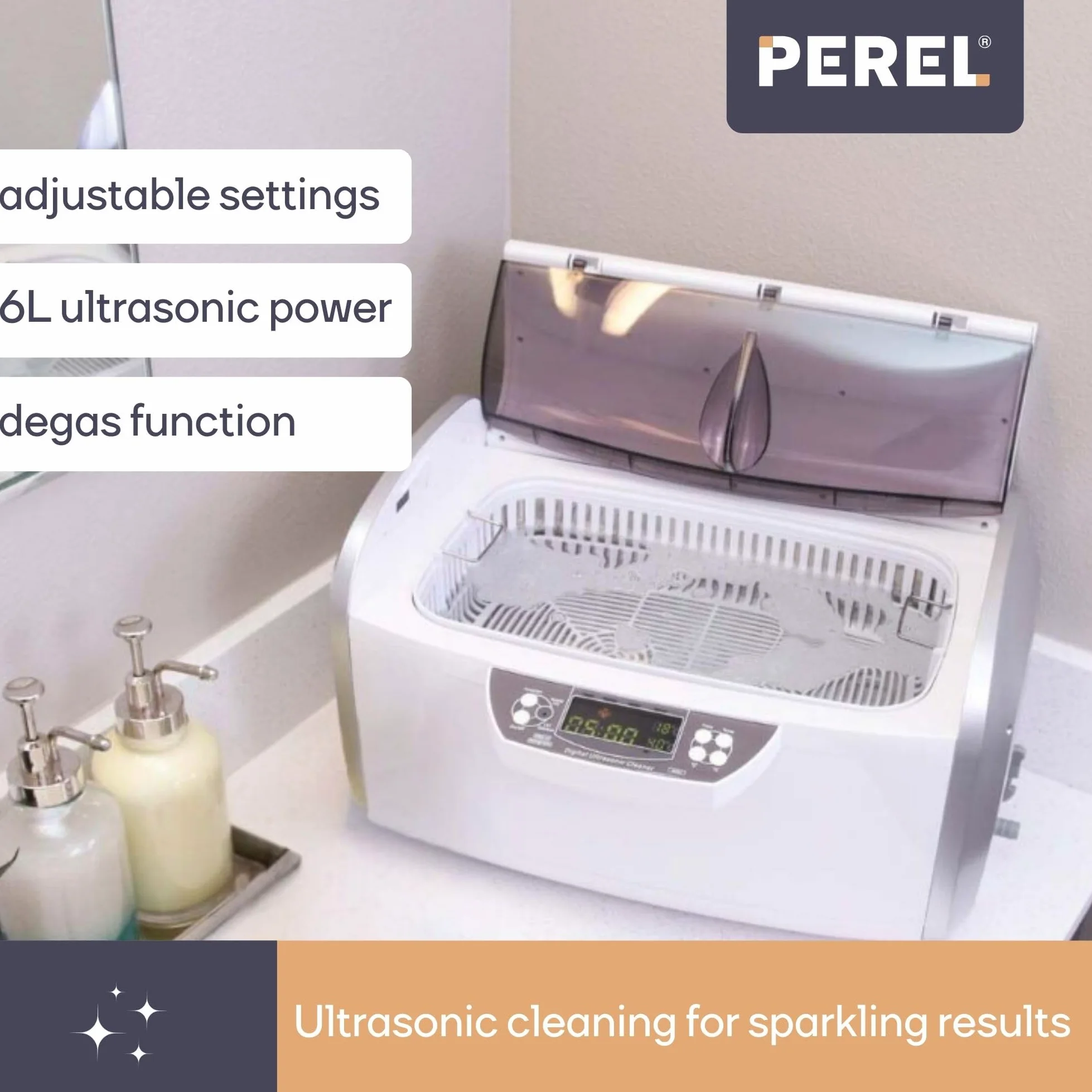 Perel Myjka ultradźwiękowa 6 L, ultrasonic cleaner 35 kHz, do biżuterii okularów zegarków protez monet kluczy, stal nierdzewna, timer cyfrowy i regulacja temperatury, zawór spustowy, biała