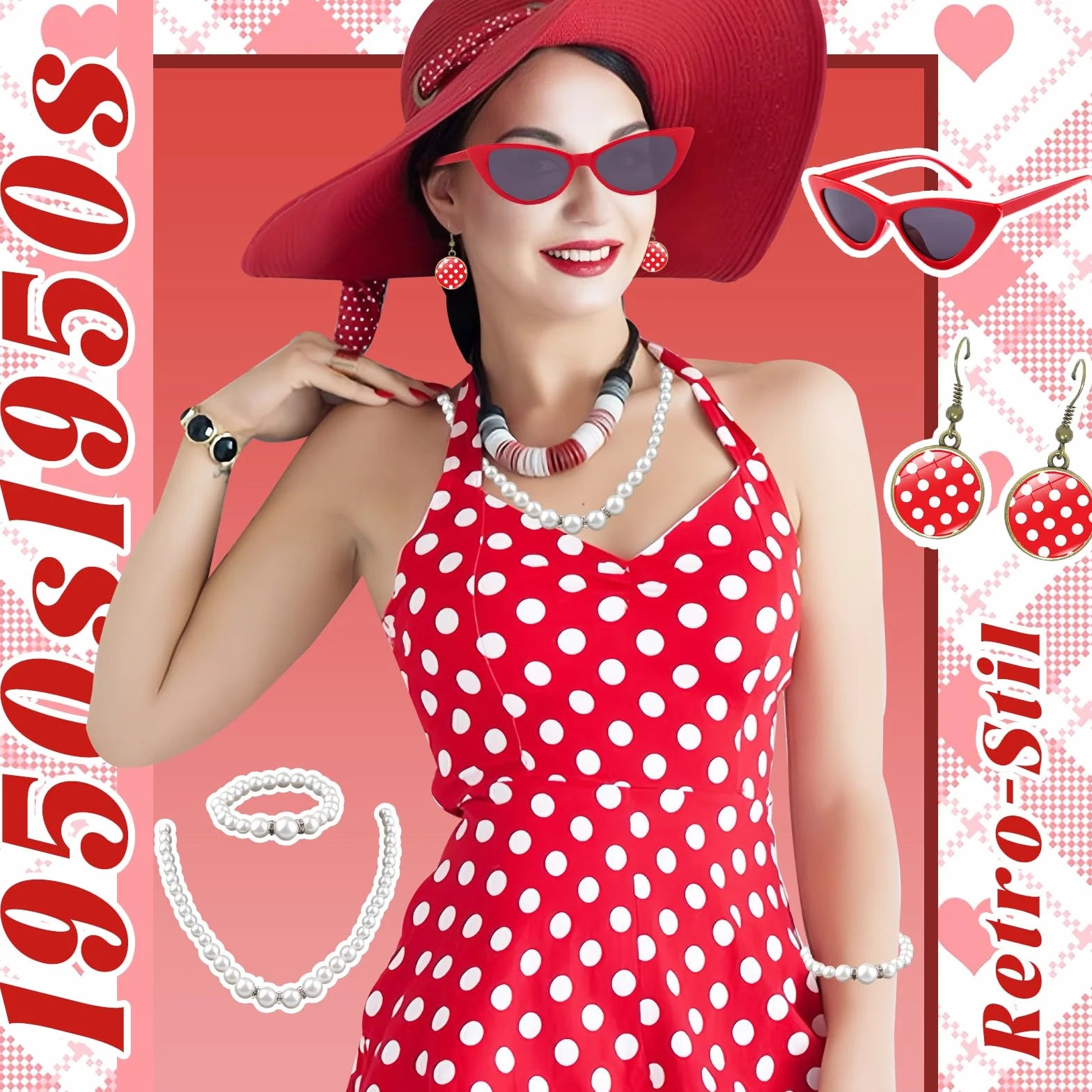 Grantop Akcesoria damskie w stylu lat 50. XX wieku, 12-częściowy zestaw akcesoriów damskich w stylu rockabilly, w stylu retro, akcesoria do kostiumu z szyfonu, szalik, rękawiczki, opaska na czoło