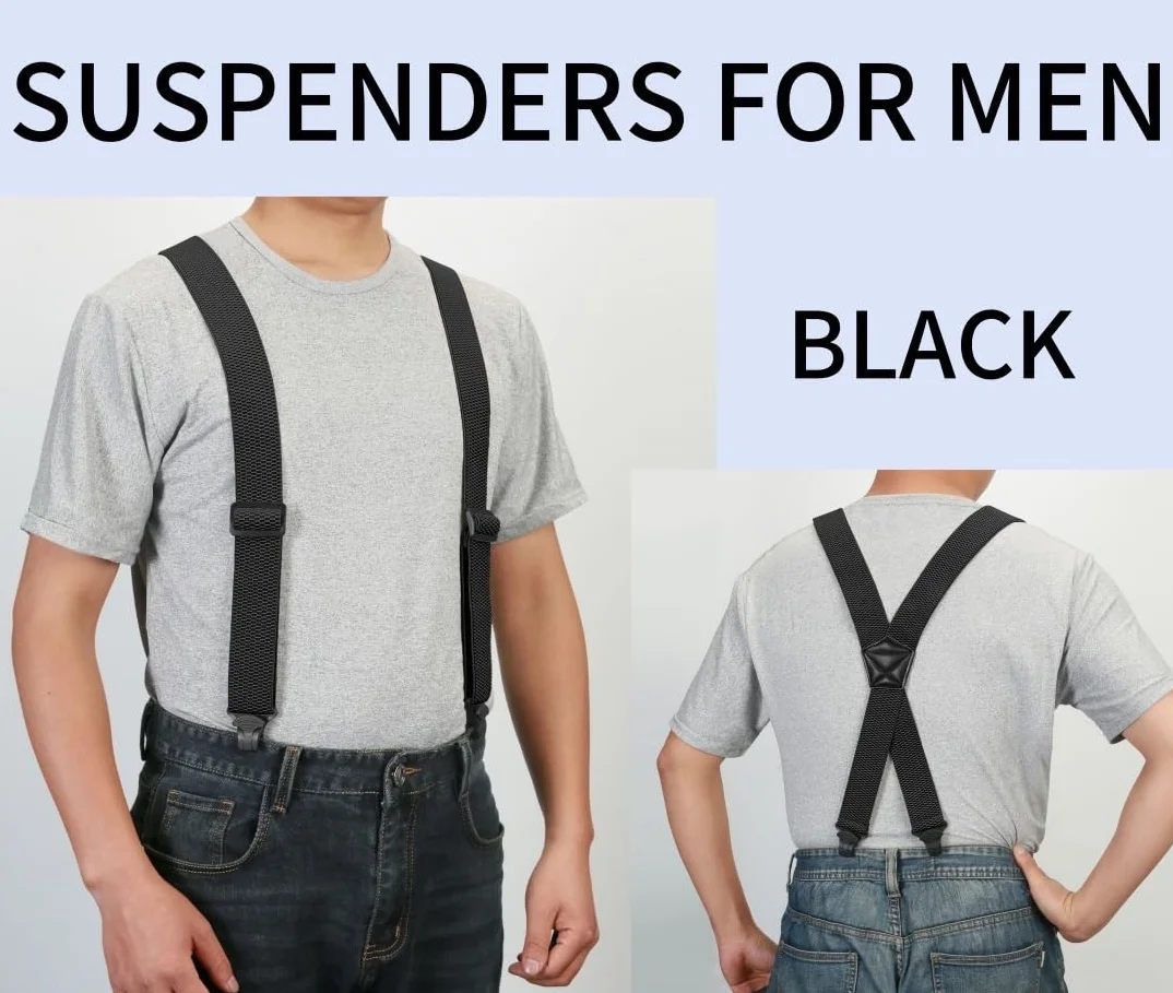Suspenders for Men Heavy Duty 1,6 cala Wide Airport Friendly Hidden Suspenders with 4 Plastic Gripper Clasps Adjustable Elastic Braces for Casual Work X-Back czarne