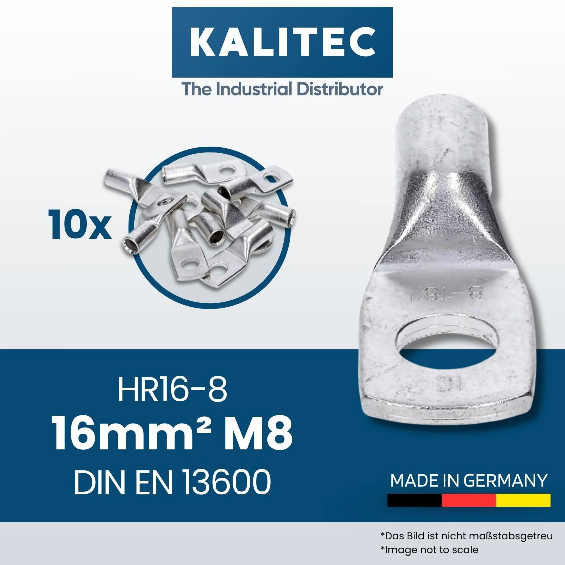 Kalitec HR16-8 10 standardowych końcówek kablowych 16 mm² M8 I bez widocznego otworu I Made in Germany