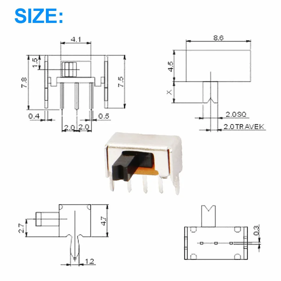20 sztuk mini pionowych przełączników przesuwnych 1P2T SPDT 3 piny 2 pozycje DC50V 0,5A SS12F44 przełącznik z 20 sztukami 3 mm mini panel przełącznik przesuwny wł./wył. SK12D07VG3 przełącznik
