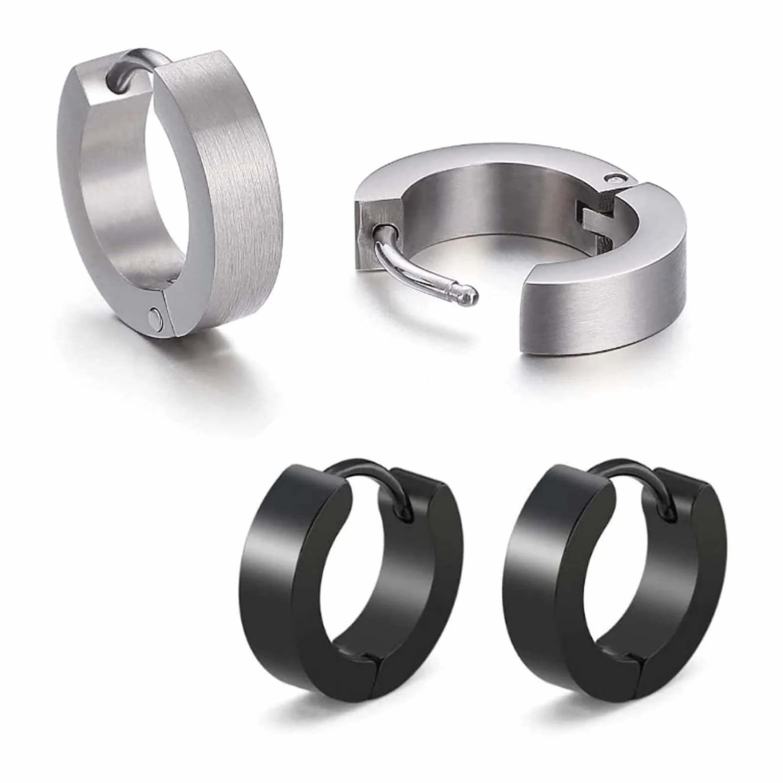 LEEQ Kolczyki męskie/damskie ze stali nierdzewnej matowe czarne srebrne 4 mm / 12 mm klasyczne kolczyki 2 szt., 4 sztuki (1 sztuka), drewno, metal, tytan, srebro, 4 sztuki (1), drewno, metal, tytan,
