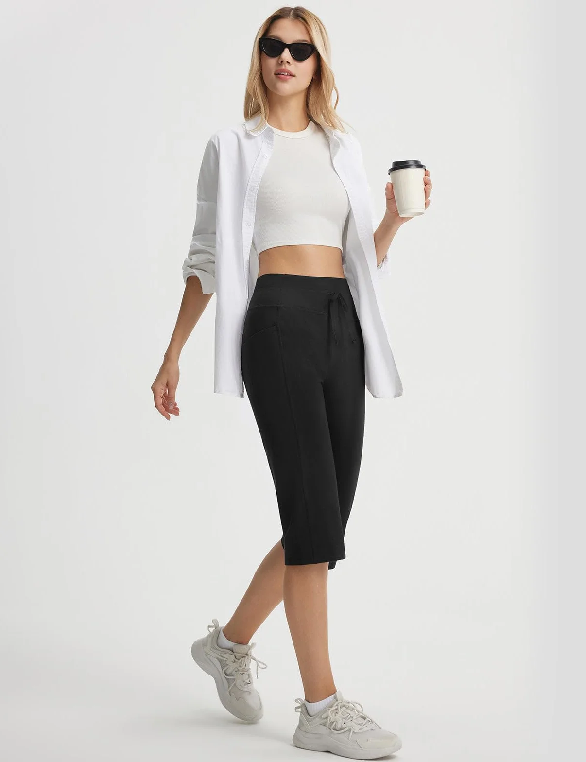 baleaf Damskie spodnie do jogi bawełna wysoki stan capri z kieszeniami 46 cm proste letnie sportowe