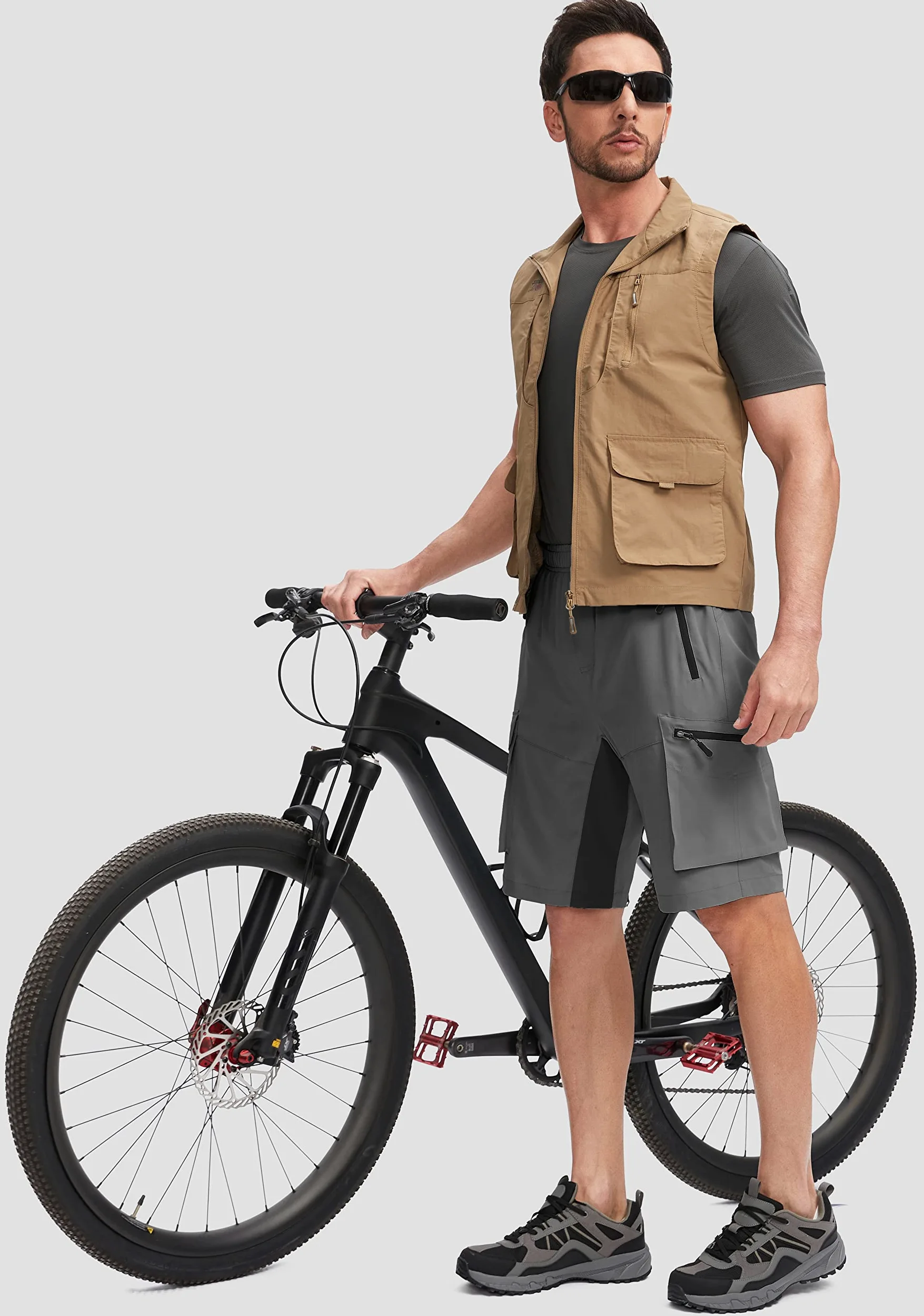 Bikewa Męskie spodenki MTB z wyściółką 3D, luźny krój, kieszenie na zamek błyskawiczny, czarne/szare, L, Czarny/szary, L