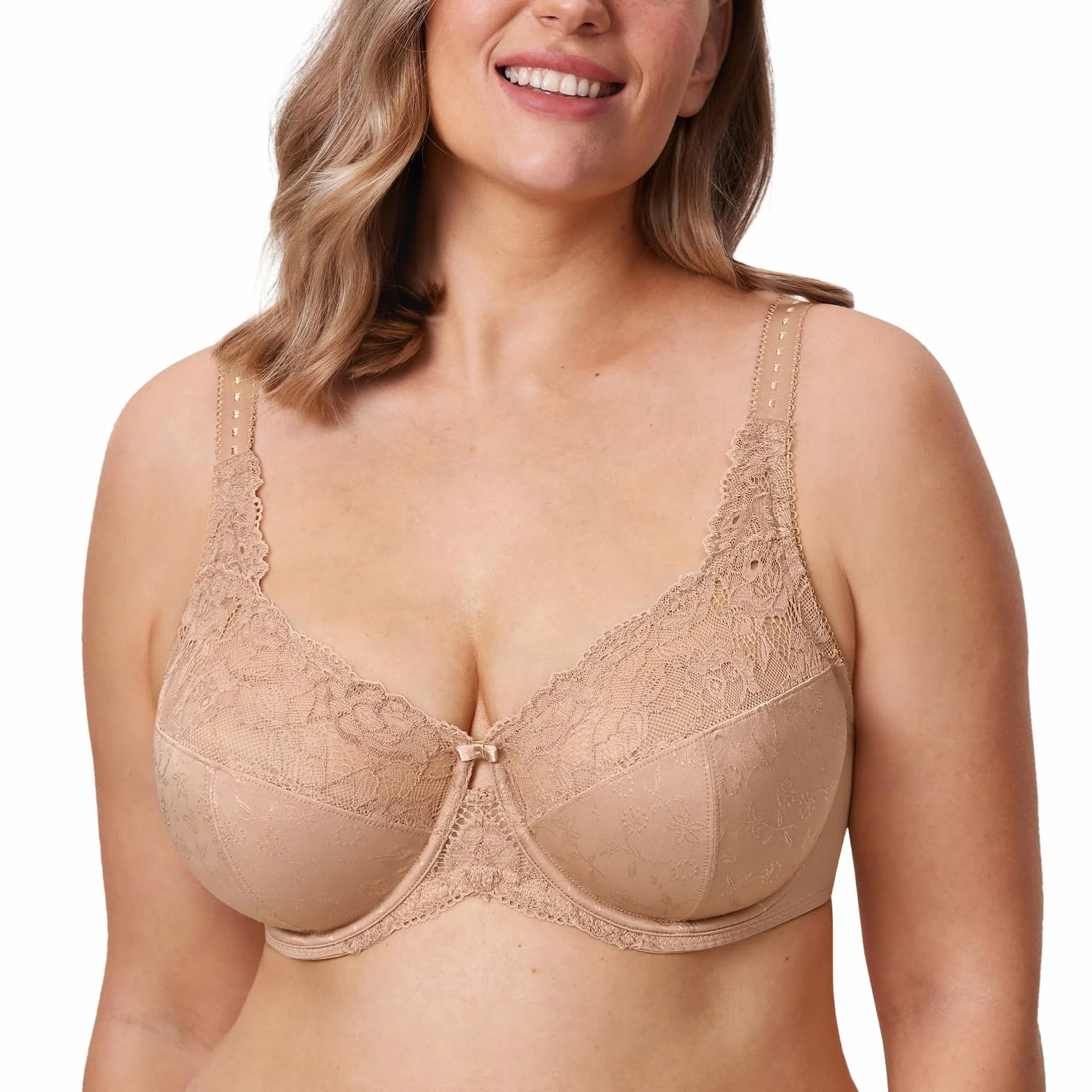 DELIMIRA Damski biustonosz plus size pełne pokrycie fiszbiny bez podszewki minimalizujący koronkowy biustonosz