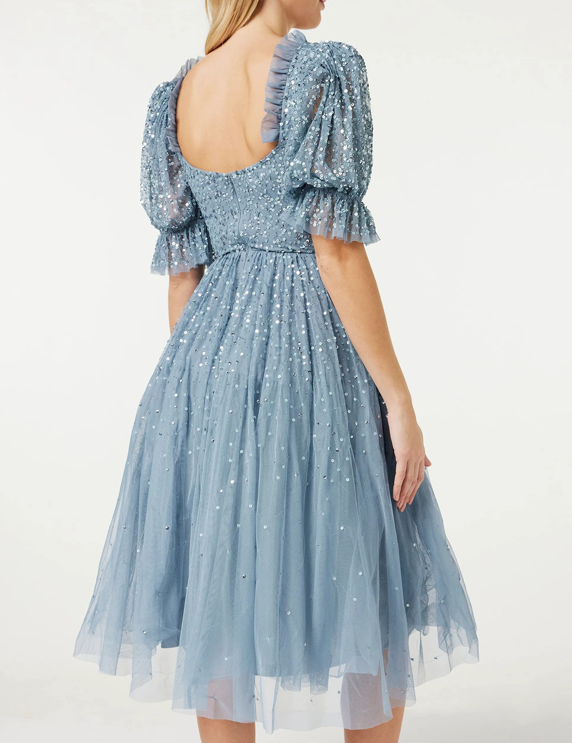 Maya Deluxe Sukienka damska Midi Sequin Emmbellished Frilly Sweetheart Neckline Puffed Sleeves for Wedding Guest Prom Evening sukienka damska, Dusty Blue, 20