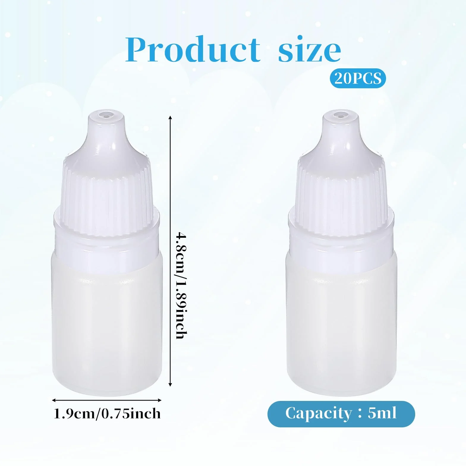 Lusofie 20 sztuk małych butelek na płyn, 5 ml, plastikowe, puste plastikowe butelki z kroplomierzem, butelki z tworzywa sztucznego, przenośne, podróżne, z zatyczką i zatyczką