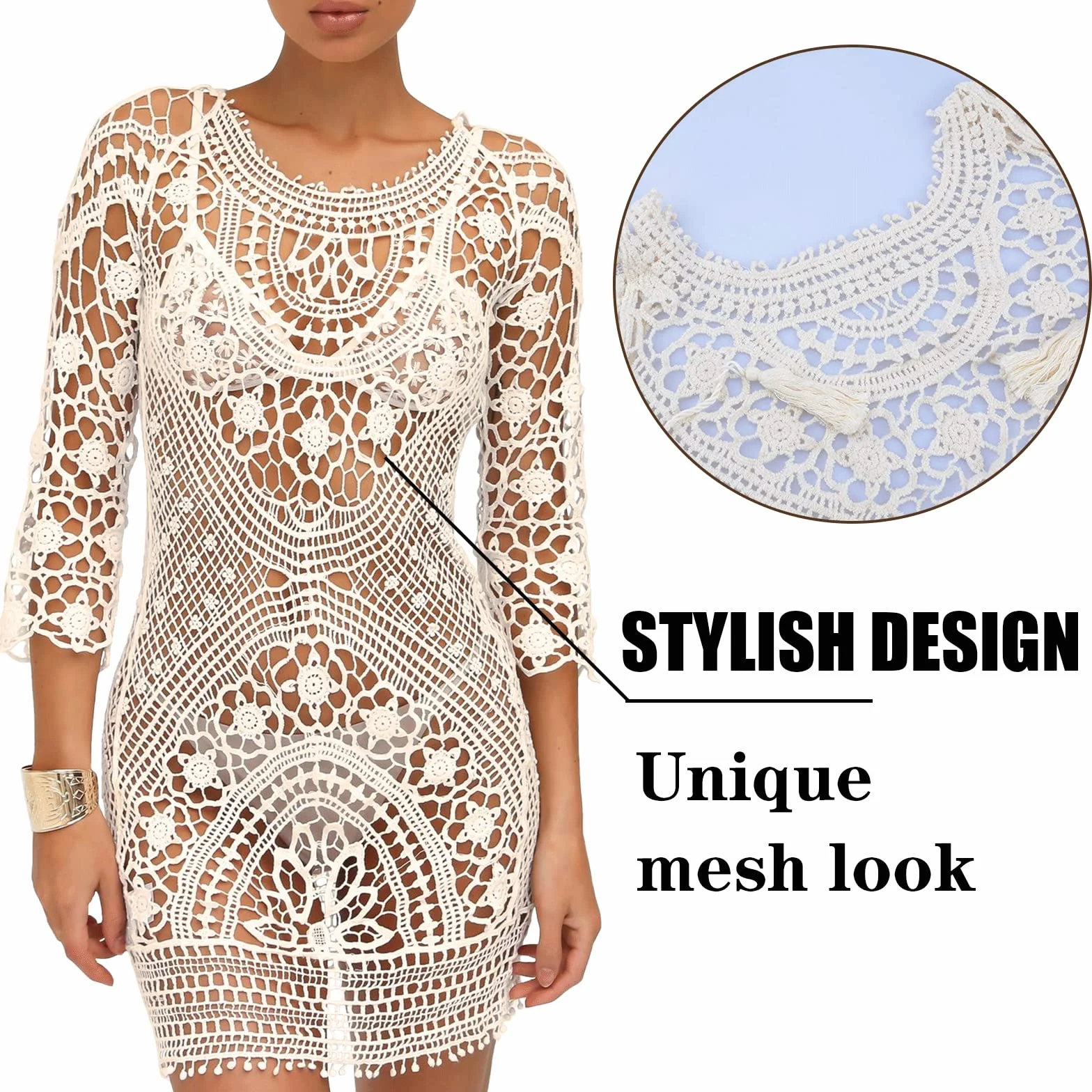Sukienki plażowe, damskie, krótka sukienka, kostium kąpielowy, bikini, koronka, crochet cover up, Bez pleców, beżowy, M