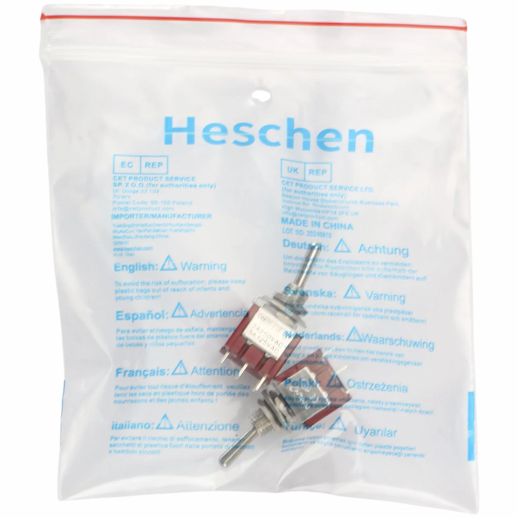 Heschen Miniaturowy przełącznik kołyskowy MTS-302 ON-ON 3PDT, 9-pinowy, 2 A 250 V, 6 A 125 V