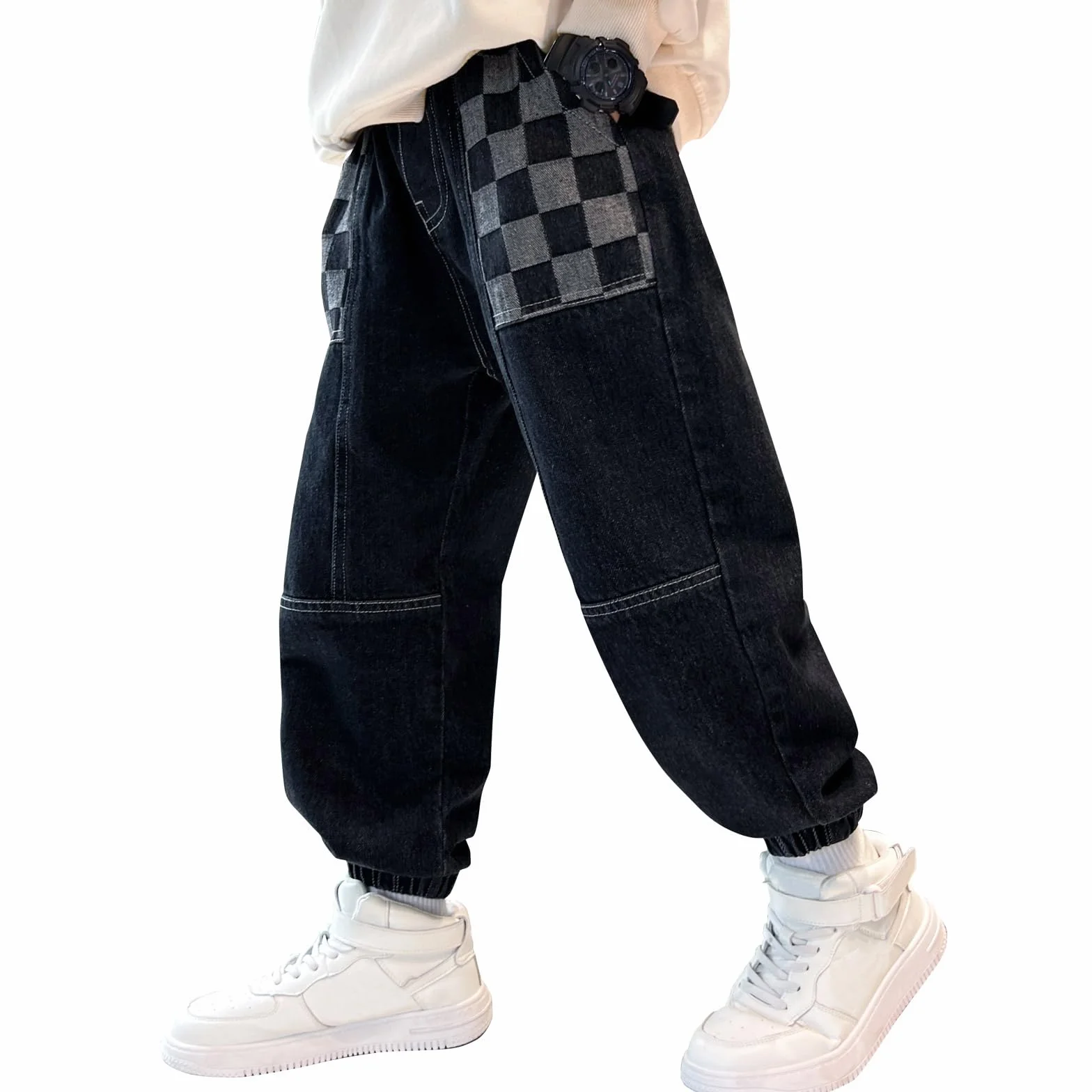 MEILONGER Baggy Jeans chłopięce dziecięce elastyczne spodnie ze stretchem w talii, modne spodnie jeansowe