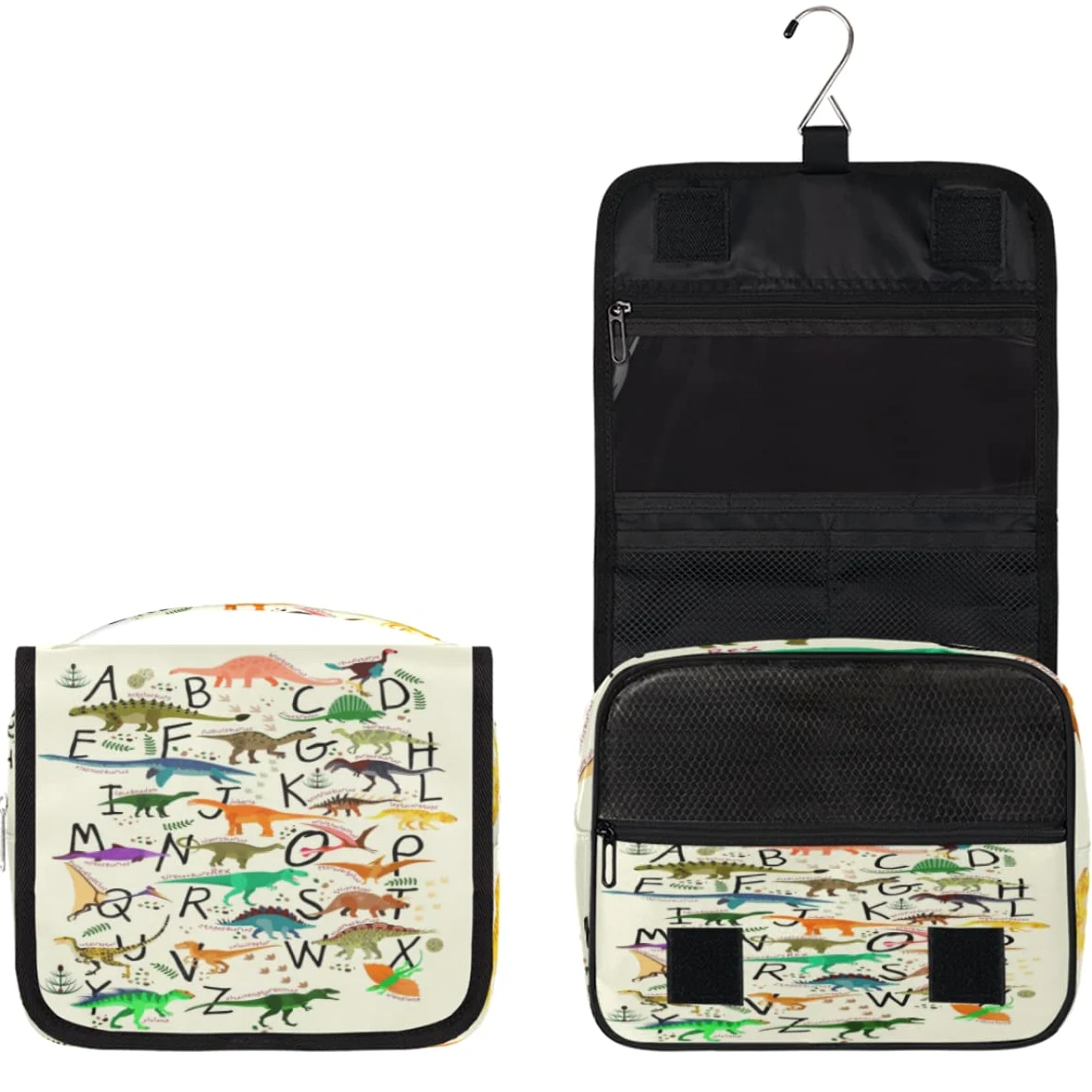 Dinozaury Podróżna kosmetyczka Alfabety Dinozaury Mycie Torba Unisex Wiszące przybory toaletowe Kosmetyczka Organizer do makijażu, wielobarwny, Jeden rozmiar