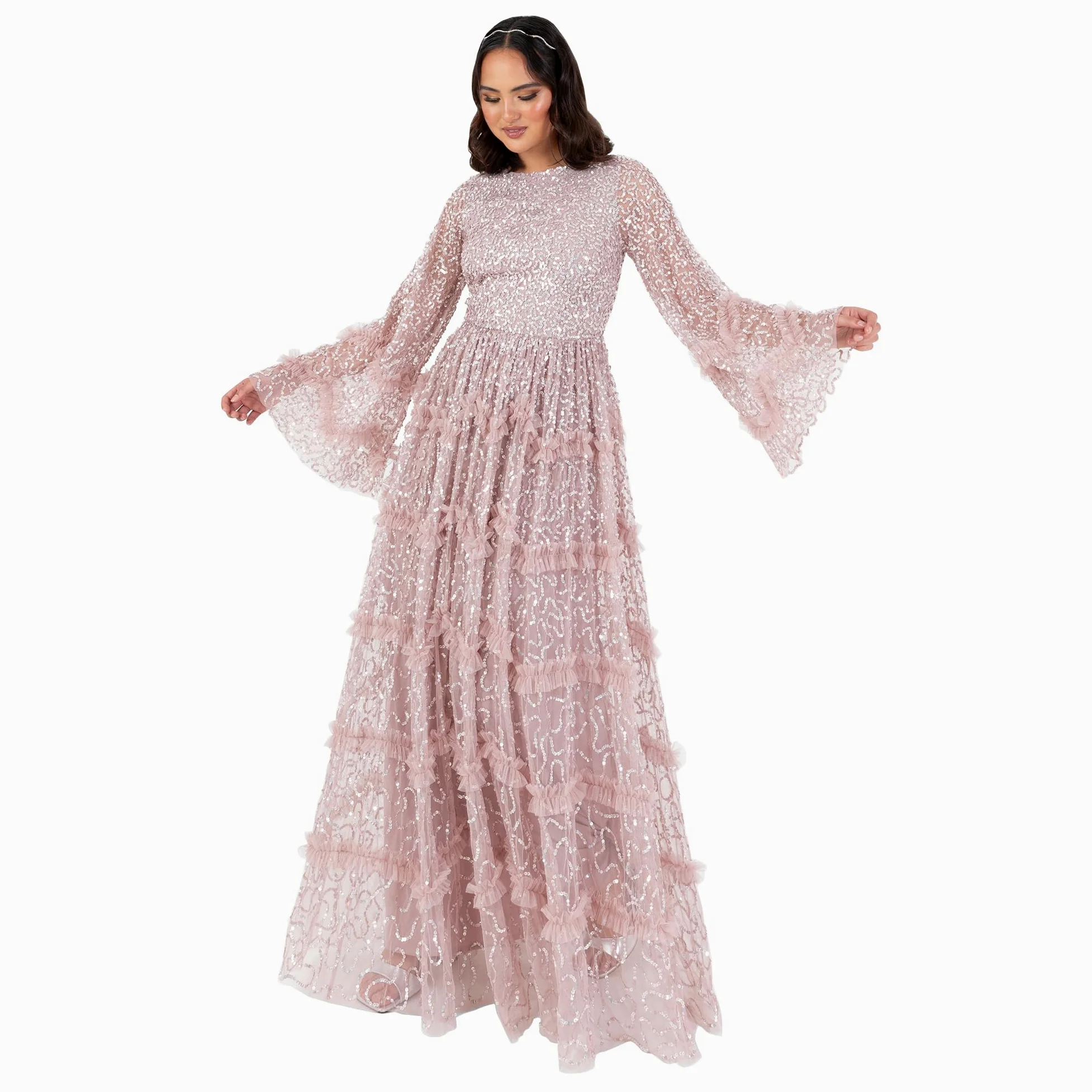 Maya Deluxe Damska sukienka maxi, modest Round Neck Long Bell Sleeve Sequin, Embellished Tiered Ruffle A-line Bridesmaid Prom, lodowy róż 48, różowy, 48