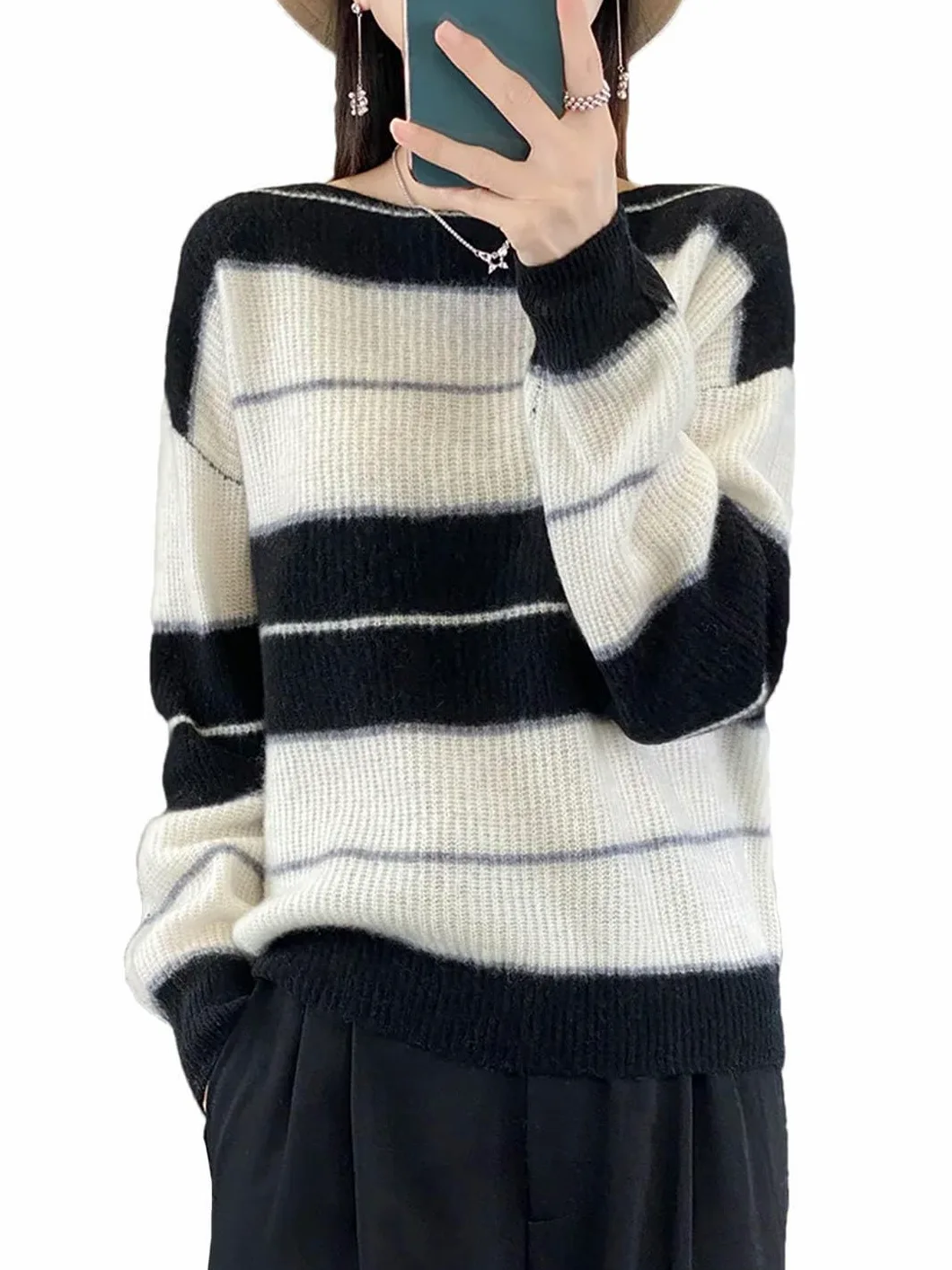 Damski sweter z długim rękawem oversize sweter z wełny merynosów w paski na co dzień kaszmirowa dzianina