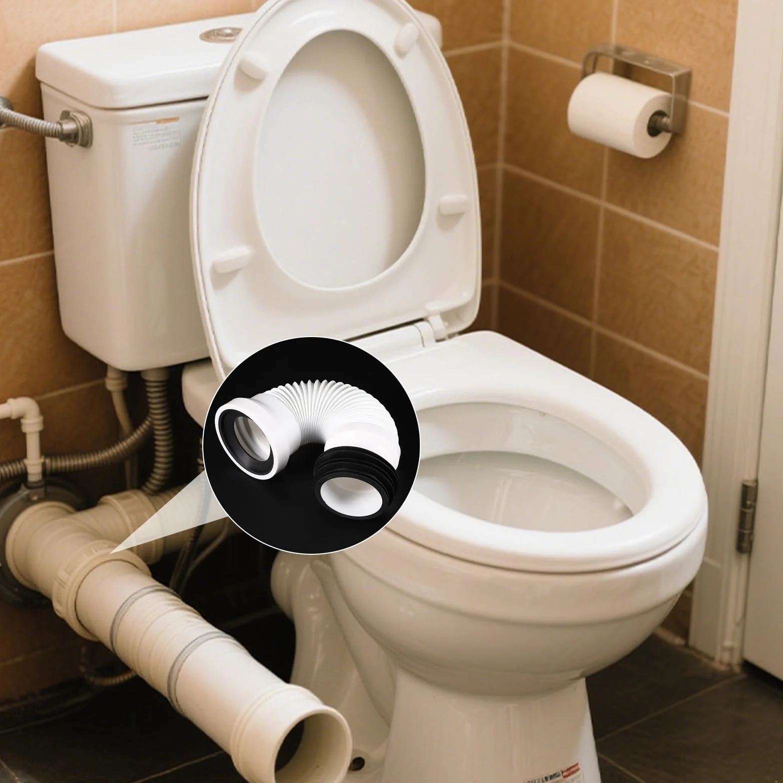 Zestaw przyłączeniowy do WC, regulowana rura przyłączeniowa do WC, elastyczna 250-500 mm, wąż odpływowy, syfon, rura toaletowa, króciec przyłączeniowy do uniwersalnego odpływu WC (czarny)