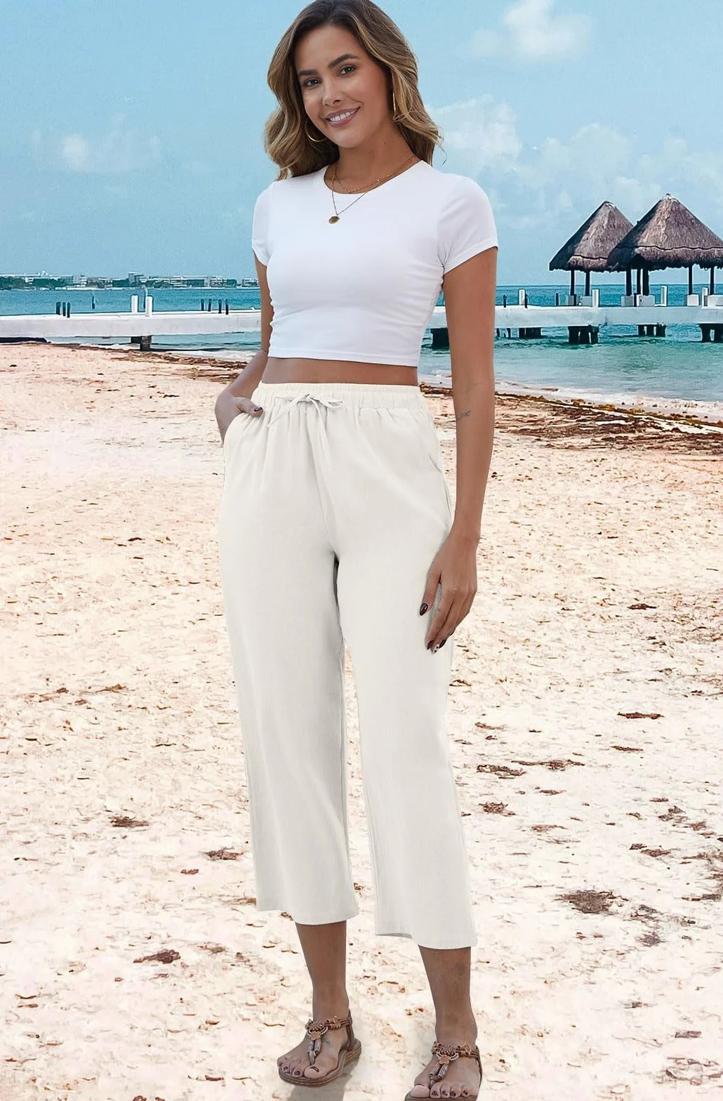 Yutdeng Damskie lniane spodnie eleganckie lekkie letnie wygodne spodnie haremki na co dzień ze sznurkiem kieszenie długie spodnie 7/8 do jogi na plażę do joggingu