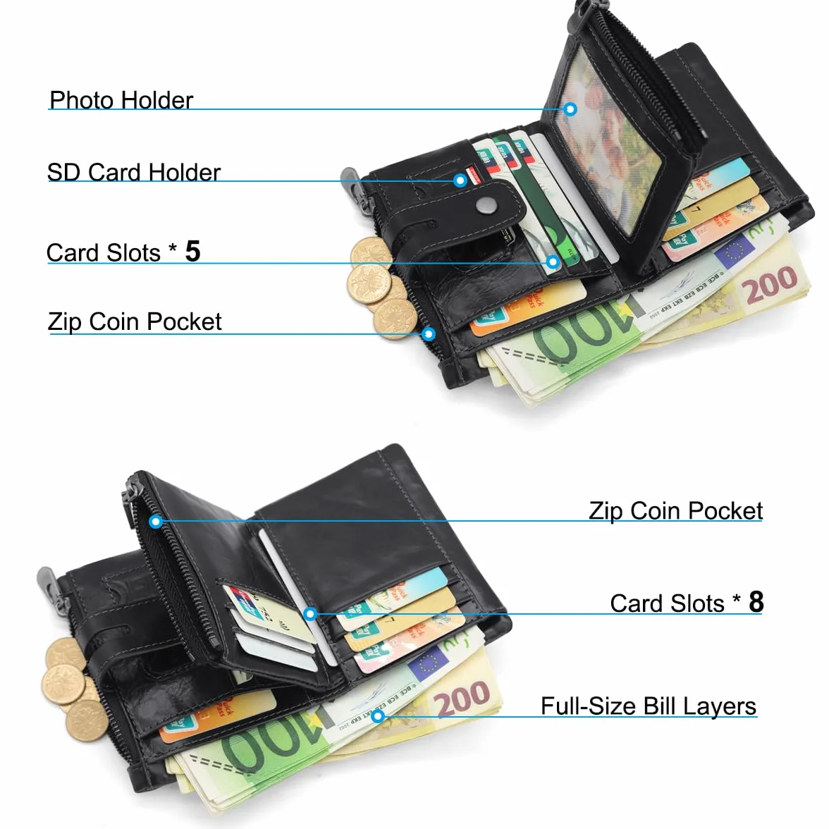 REETEE Męski skórzany portfel blokujący RFID 16 miejsc na karty z łańcuszkiem czarny srebrny 9.5 cm x 12 cm x 2.5 cm