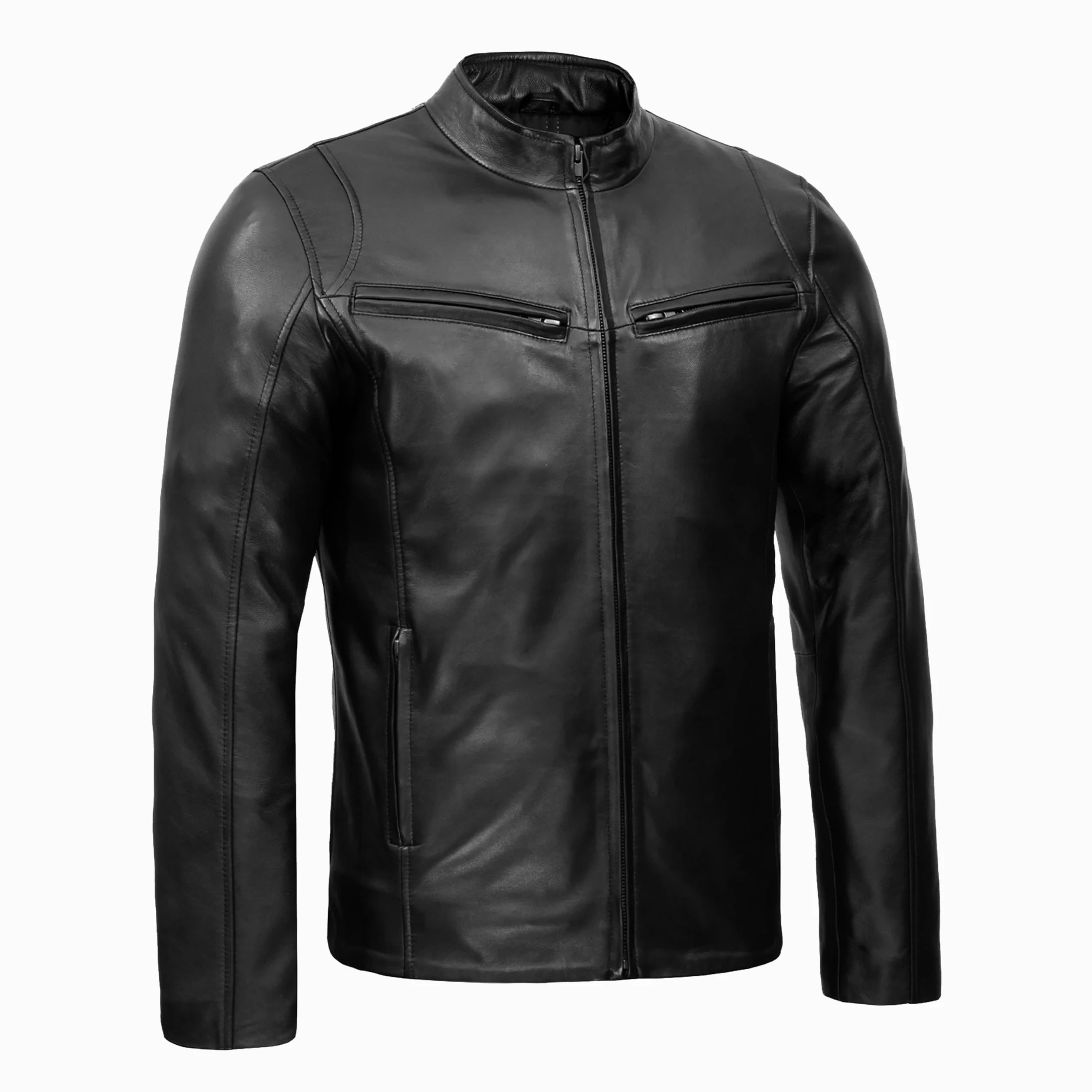 Leatherick Męska skórzana kurtka motocyklowa - Czarna kurtka motocyklowa w stylu Hooper z owczą skórą z wieloma kieszeniami