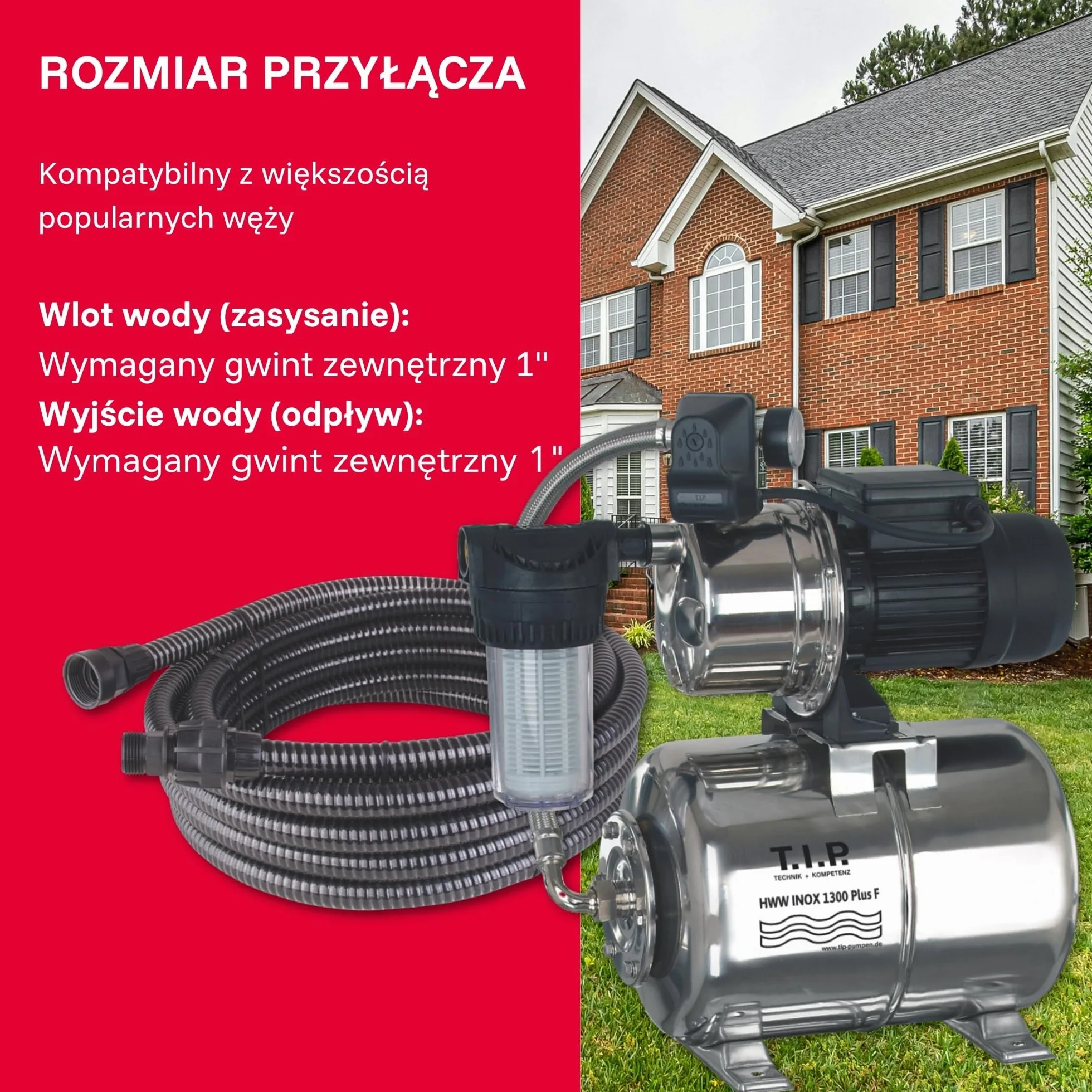 T.I.P. Hauswasserwerk HWW INOX 1300 Plus F – Edelstahl, 1200W, pompa strumieniowa, 4350 l/h, 50m, filtr wstępny, bezkonserwacyjna, ochrona termiczna