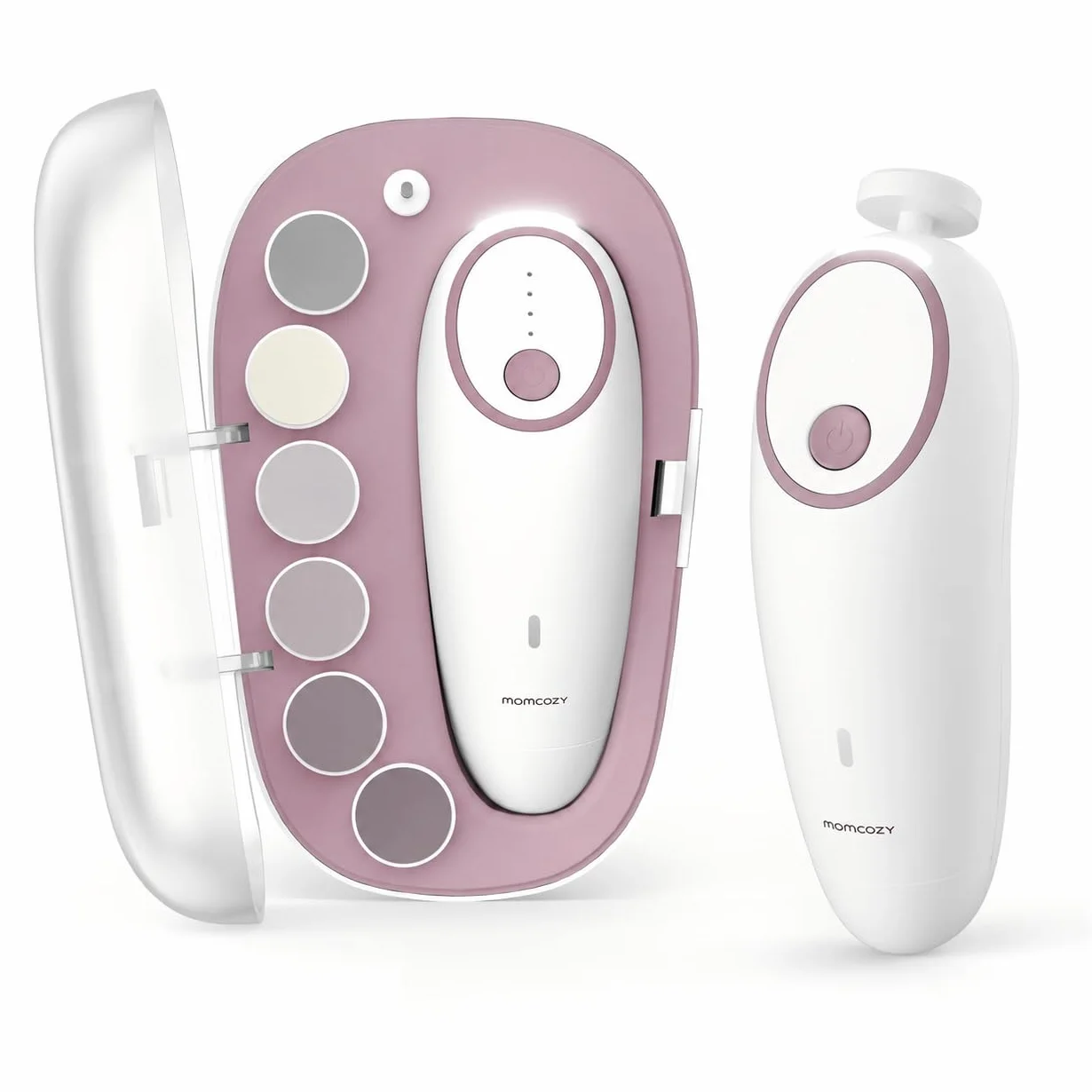 Momcozy Elektryczny pilnik do paznokci dla niemowląt, ładowalny, delikatny trymer do paznokci dla niemowląt, elektryczny z lampką nocną, 7 wymiennych podkładek do głowicy szlifierskiej, różowy