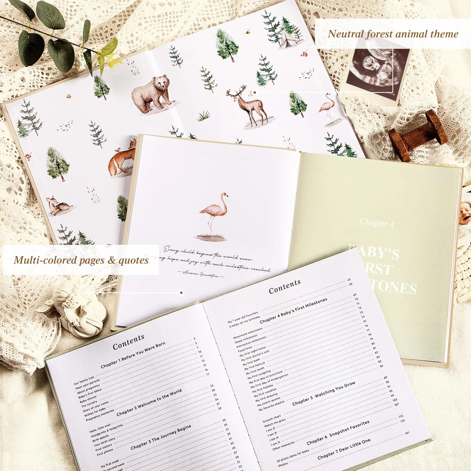 Lanpn Album ze zdjęciami dla dziecka Pierwszy 5 Rok dla chłopca dziewczynki, The Story of Your Baby Memory Book, Pamiętnik Baby Book, Dziennik dla noworodków Prezent (beżowy, angielski, 154 strony)