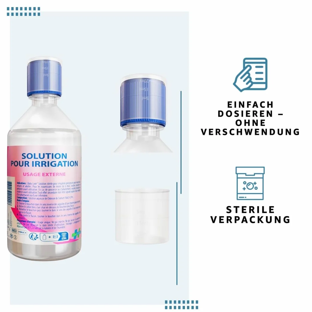 NaCl 0,9 500 ml – izotoniczny fizjologiczny roztwór soli – sterylny – dla niemowląt, do nosa, oczu i oczyszczania ran – sól fizjologiczna z dozownikiem sterylnym, miarka 20 ml w zestawie