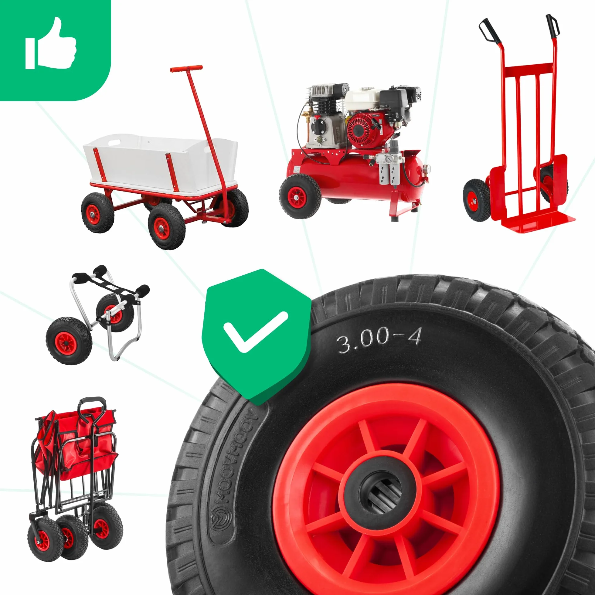 MOOVMOOV 2 x odporne na przebicie koła 3,00-4 (260 x 85 mm) - otwór 20 mm - do taczki, wózka i innych. Pełna opona z felgami PVC - w zestawie pierścienie mocujące z kluczem Allen + zatyczki