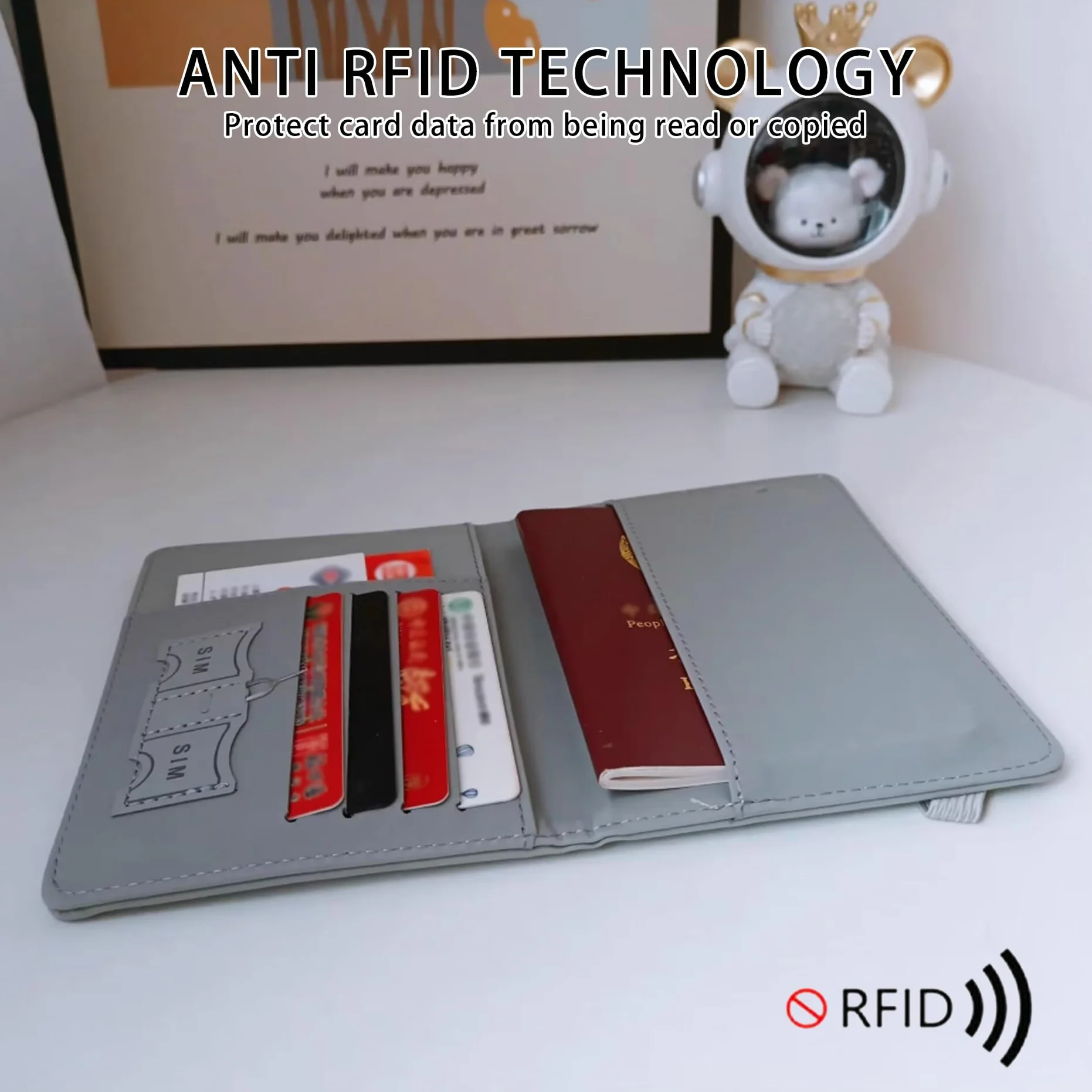1 Szt. Etui na Paszport z Blokadą RFID,Wysokiej Jakości Materiał Skóropodobny PU z 4 Miejscami na Karty,1 Kieszenią na Monety,2 Miejscami na SIM & 1 Miejscem na Wysuwacz,1 Przegródką na Bilety(Szary)