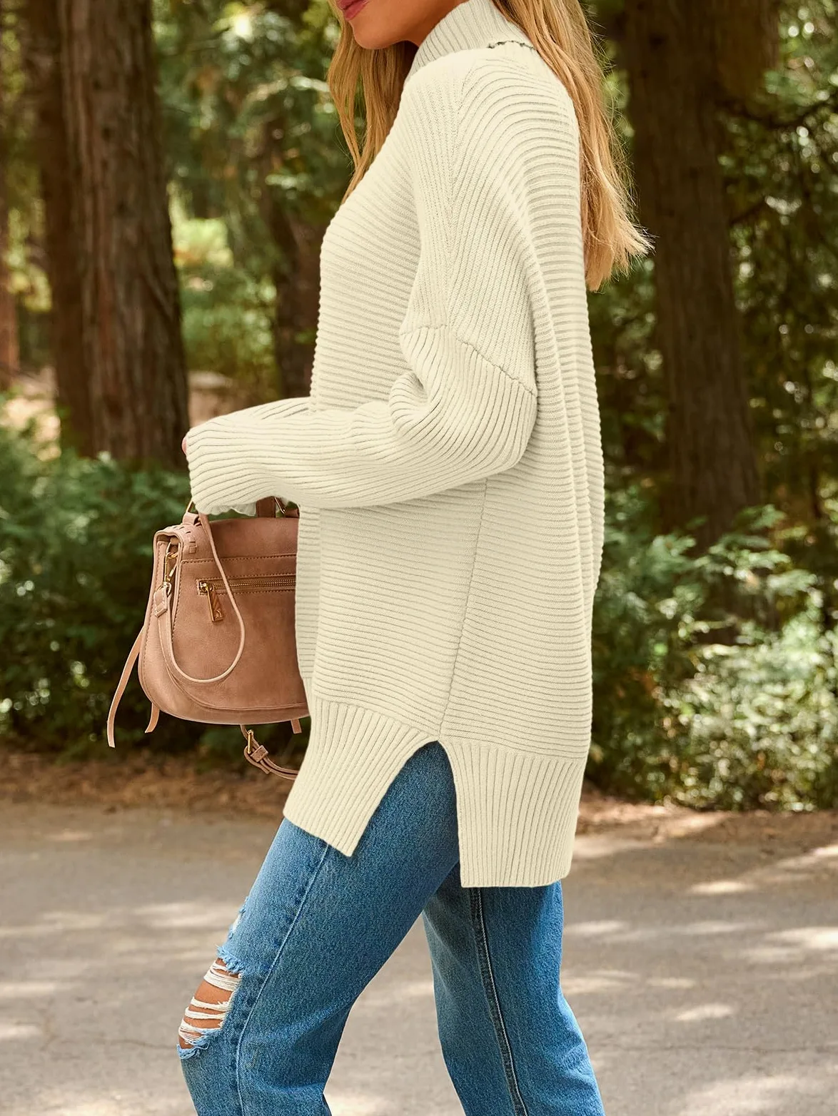 EFAN Women's Turtleneck Oversized Sweaters Fall Outfits Clothes Trendy Long Pullover Knit Winter Tunic 2025 Apricot S