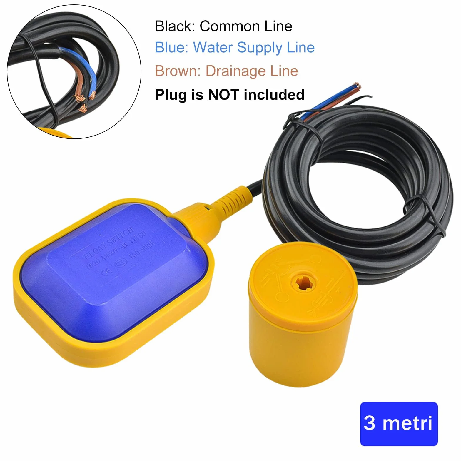 Aideepen 3 m kabel do regulatora poziomu wody, automatyczny przełącznik regulacji, prostokątny przełącznik pływakowy do zbiorników wieży wodnych, basenów, basenów fabrycznych AC 220 V-380 V